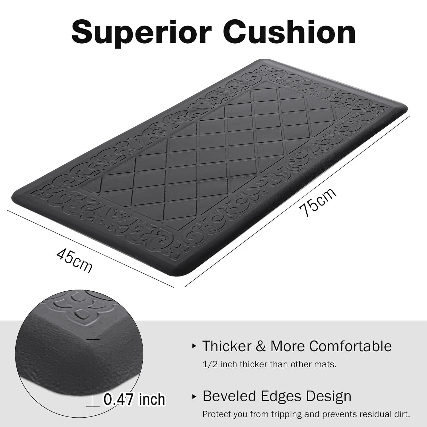 Jersey Diamond Anti-Fatigue  Kitchen Mat (45x75 cm,Black)
