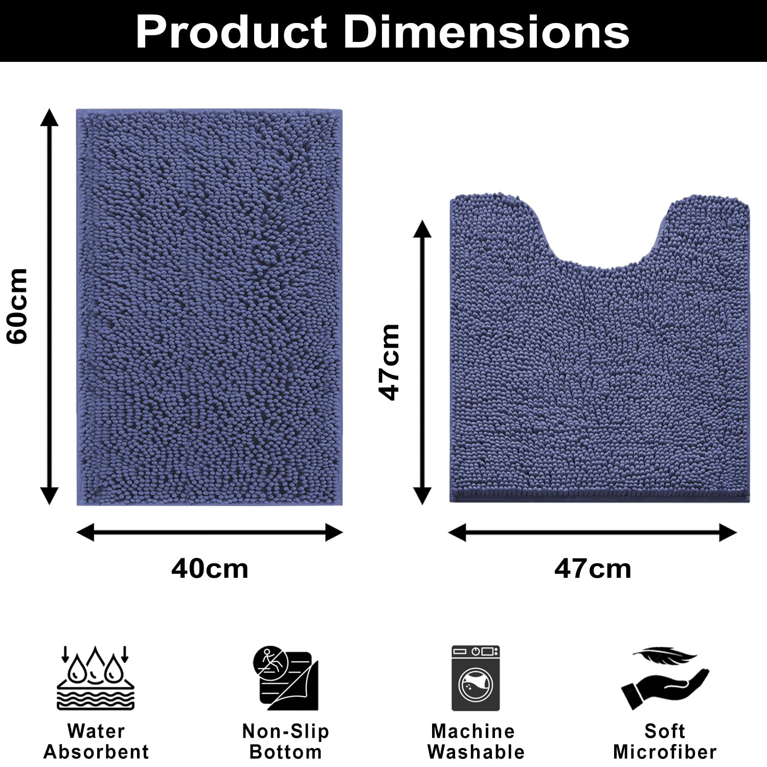 Microfibre Chenille Contour Bath Mat Set  Pack of 2 (Navy 40x60cm & 47x47cm)