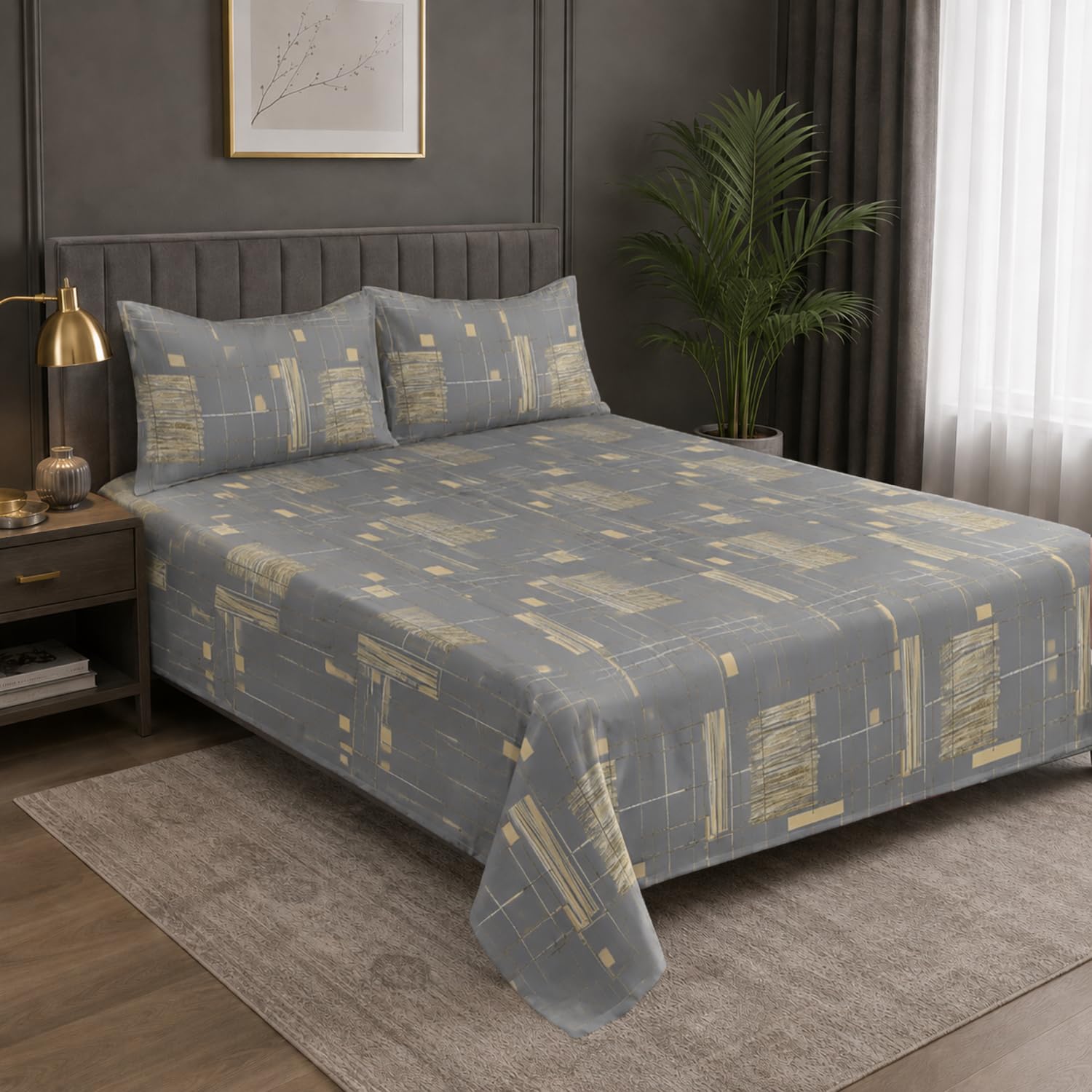 Double Bedsheet with 2 Pillow Covers Premium 240 TC 100% Cotton Feel King Size (108x108 inch ,  Grey )