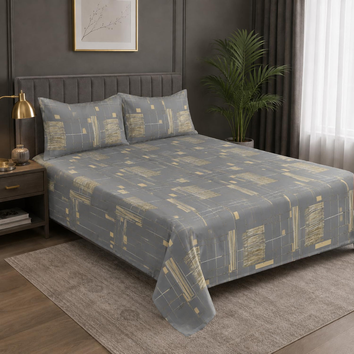 King Size Double Bedsheet with 2 Pillow Covers Premium Geometric Grid Printed 108x108 inch