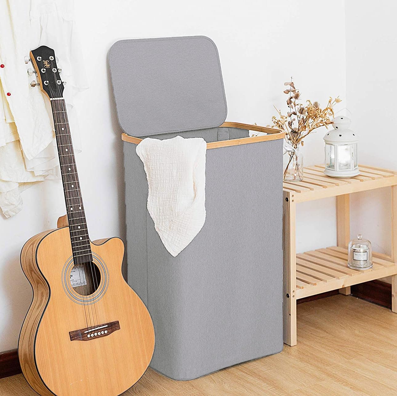 Tall Laundry Hamper with Bamboo Frame  (40L x 30W x 60H cm ,Grey)