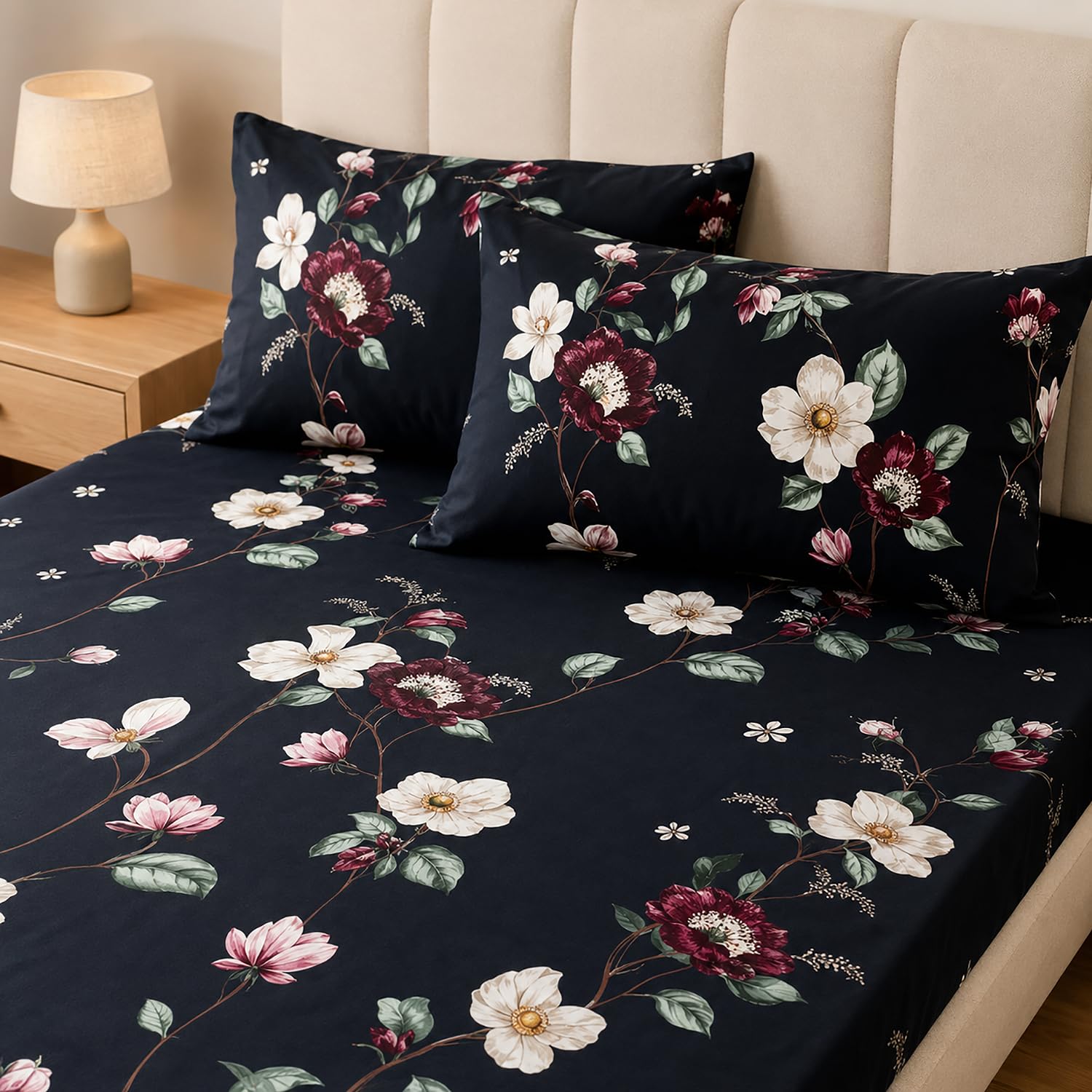 King Size Double Bedsheet with 2 Pillow Covers Premium Midnight Bloom Printed  90x100 inch