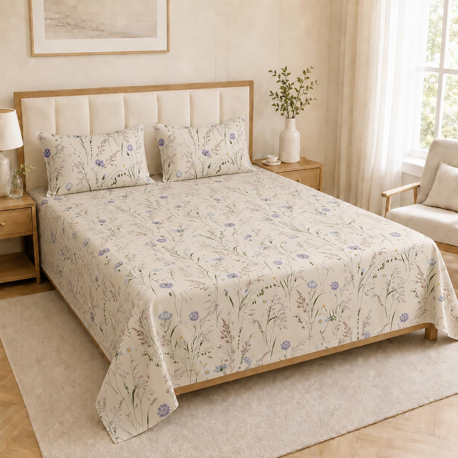 Double Bedsheet with 2 Pillow Covers Premium 240 TC 100% Cotton Feel ( King Size Ivory 108x108 inch )