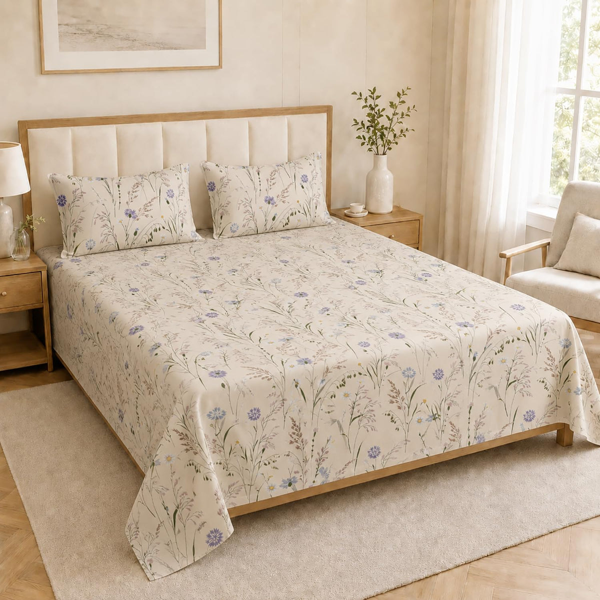 King Size Double Bedsheet with 2 Pillow Covers Premium Wildflower Printed 108x108 inch