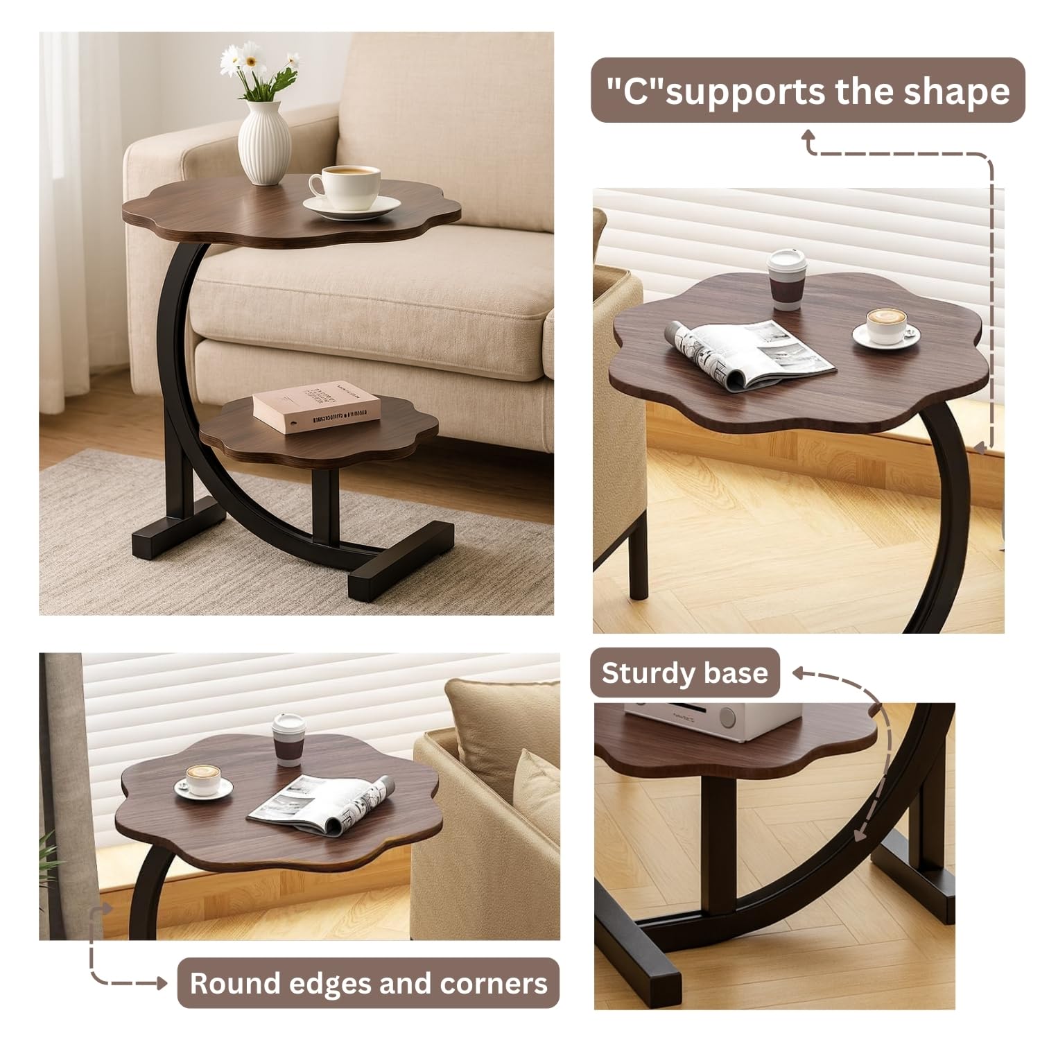 Multi-Purpose Side Table 2-Tier for Living Room, Bedroom & Office – Wooden Top End Table with Storage Shelf, Modern Corner Piece, Black Metal Frame (40x40x65 cm)