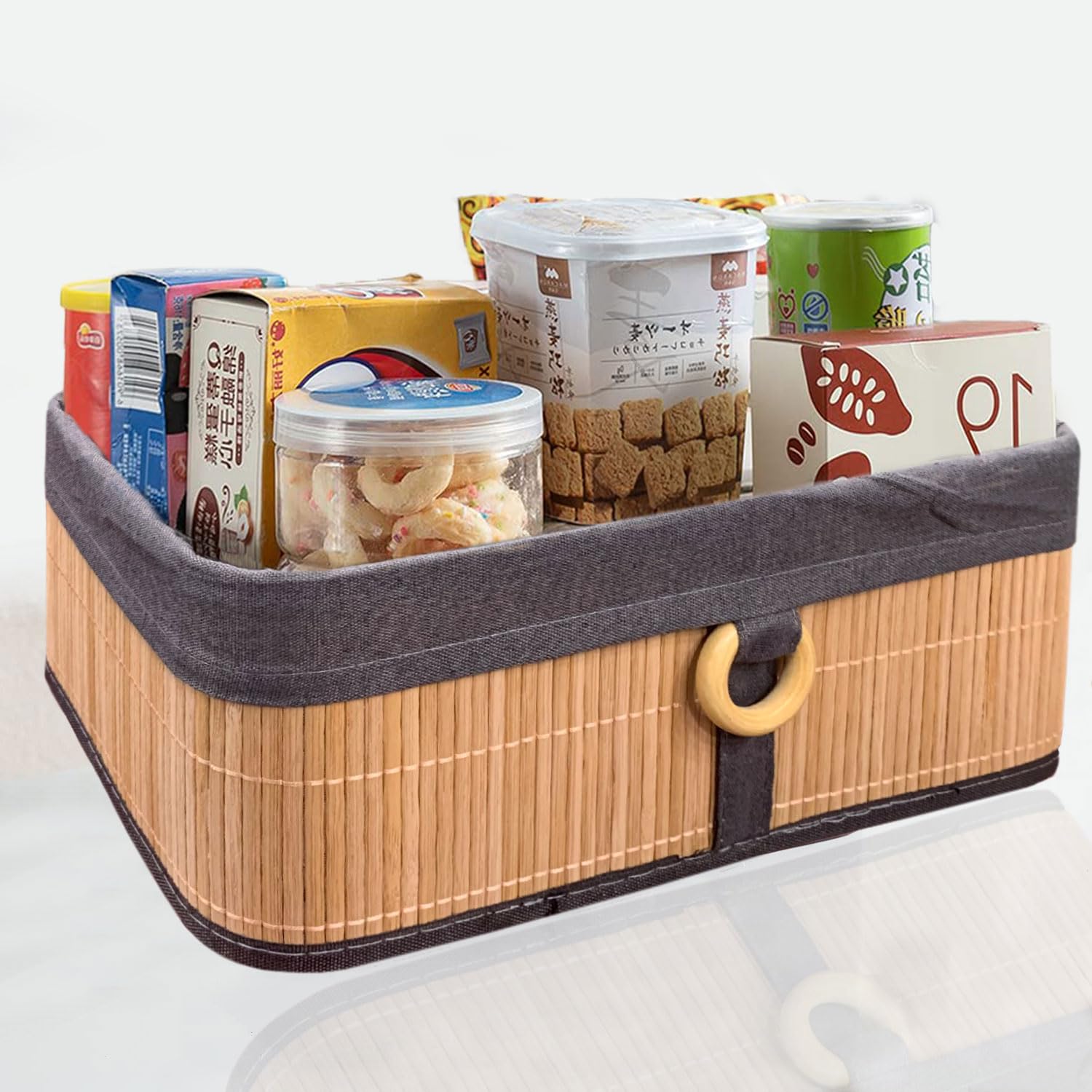 Storage Basket Stripe Bamboo Box Eco-Friendly Pack of 2(Beige, 30x20x12 cm)