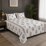 Double Bedsheet with 2 Pillow Covers 220 TC 100% Cotton Feel ( King Size Pink&White 90x100inch )