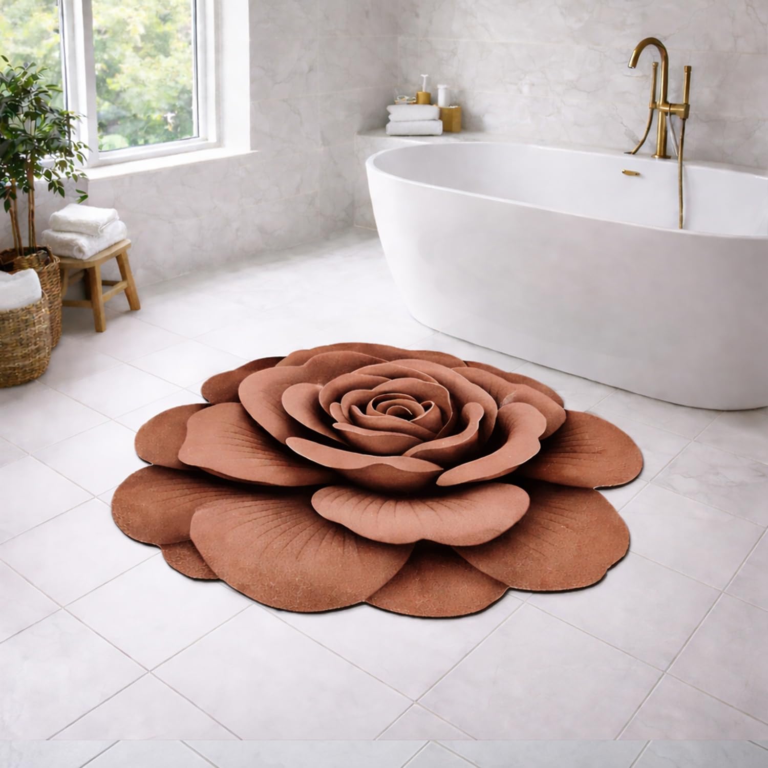 3D Bath Mat Rose Shaped Super Soft (Brown, 67x71 cm)