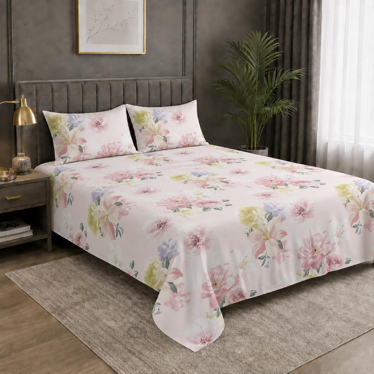 Double Bedsheet with 2 Pillow Covers Premium 240 TC 100% Cotton Feel ( King Size Blush 108x108 inch )