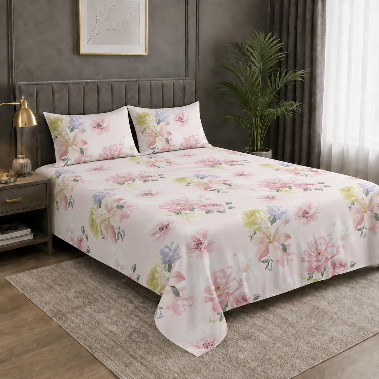 King Size Double Bedsheet with 2 Pillow Covers Premium Pastel Floral Printed 108x108 inch