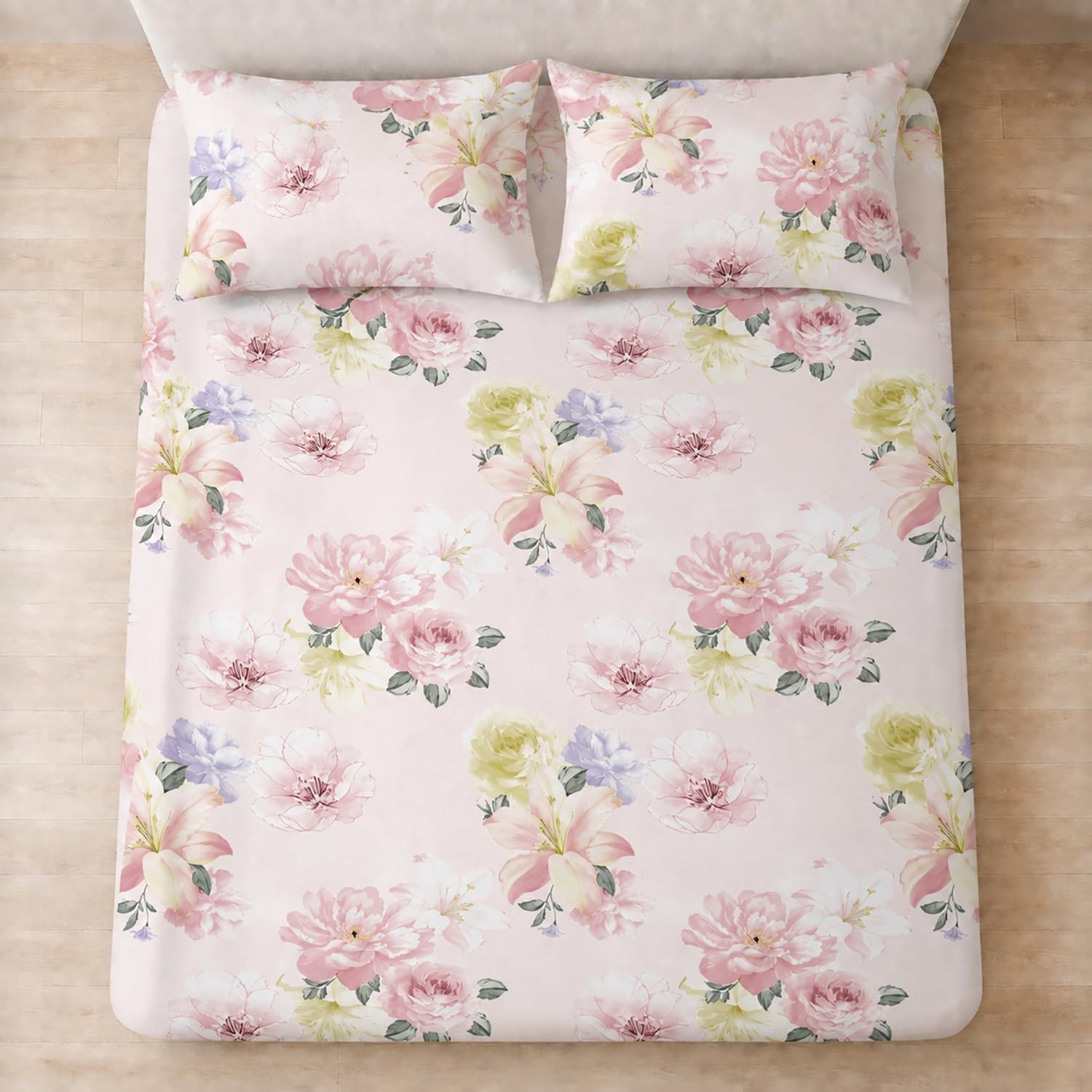 King Size Double Bedsheet with 2 Pillow Covers Premium Pastel Floral Printed 108x108 inch