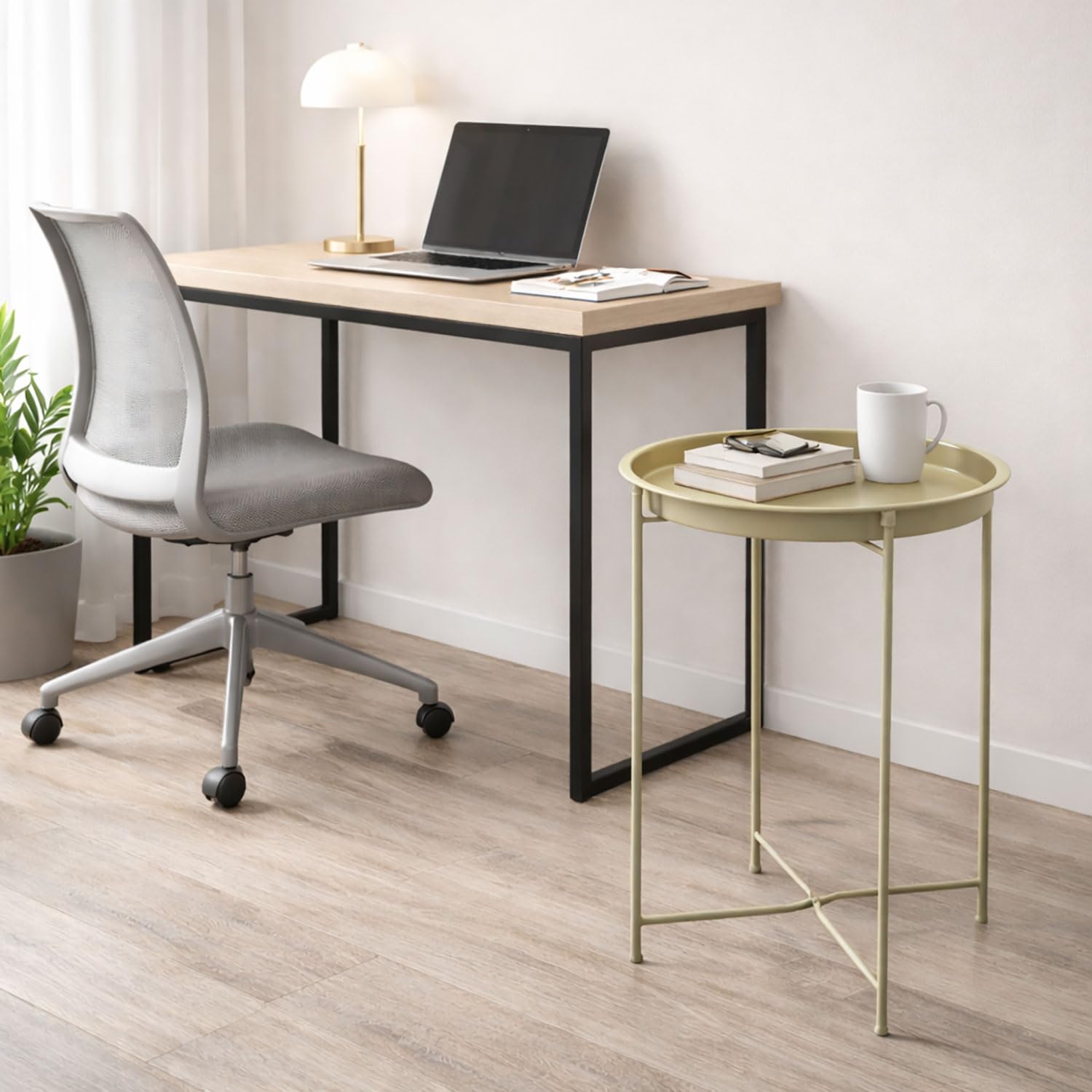 Round Metal Side Table for Living Room & Bedroom – Modern Bedside Table, Coffee Table, Corner Table with Sturdy Iron Frame, Taupe, 33x33x48-Small