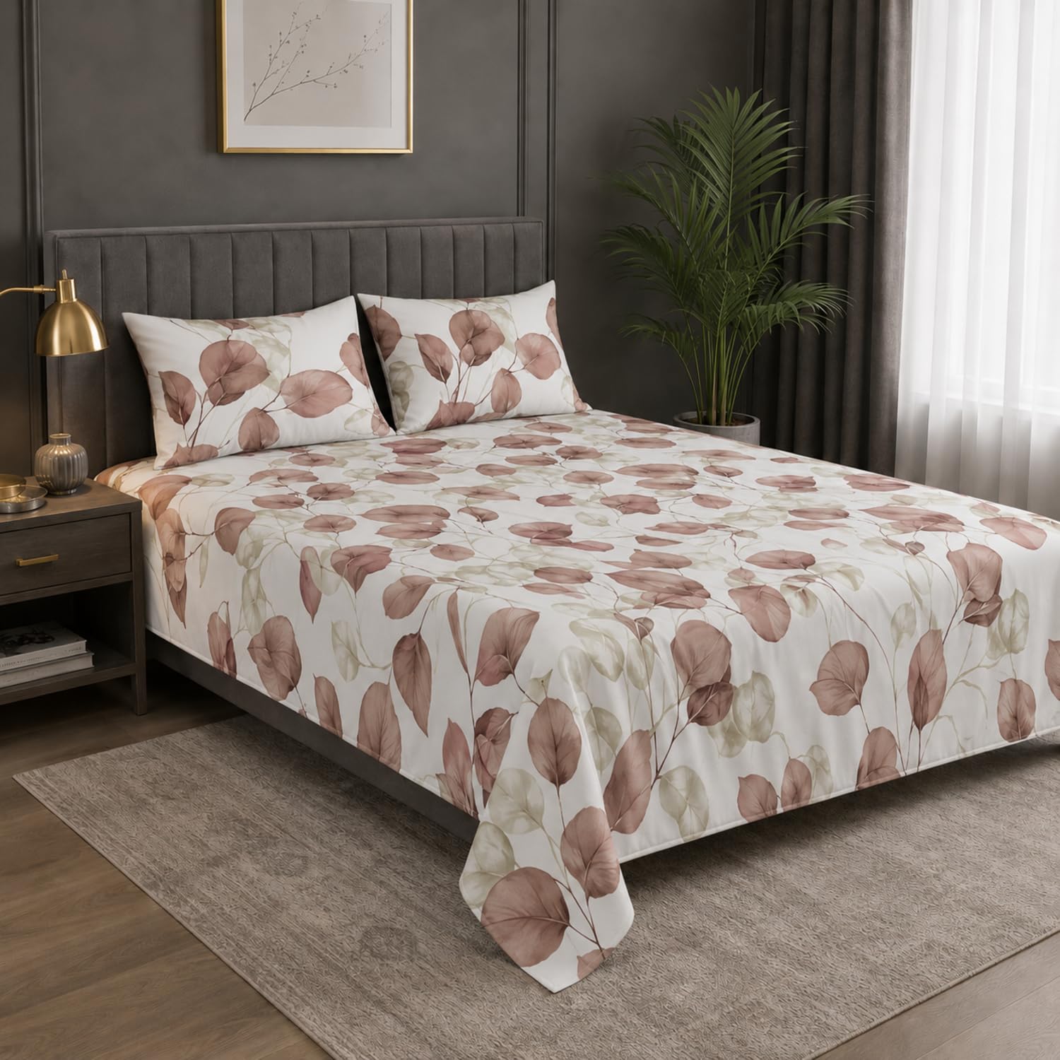 Double Bedsheet with 2 Pillow Covers 220 TC 100% Cotton Feel ( King Size Mauve 90x100inch )