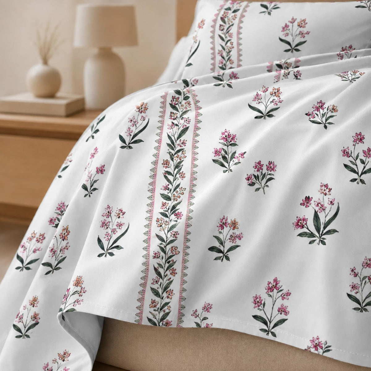 Double Bedsheet with 2 Pillow Covers 220 TC 100% Cotton Feel ( King Size Pink&White 90x100inch )