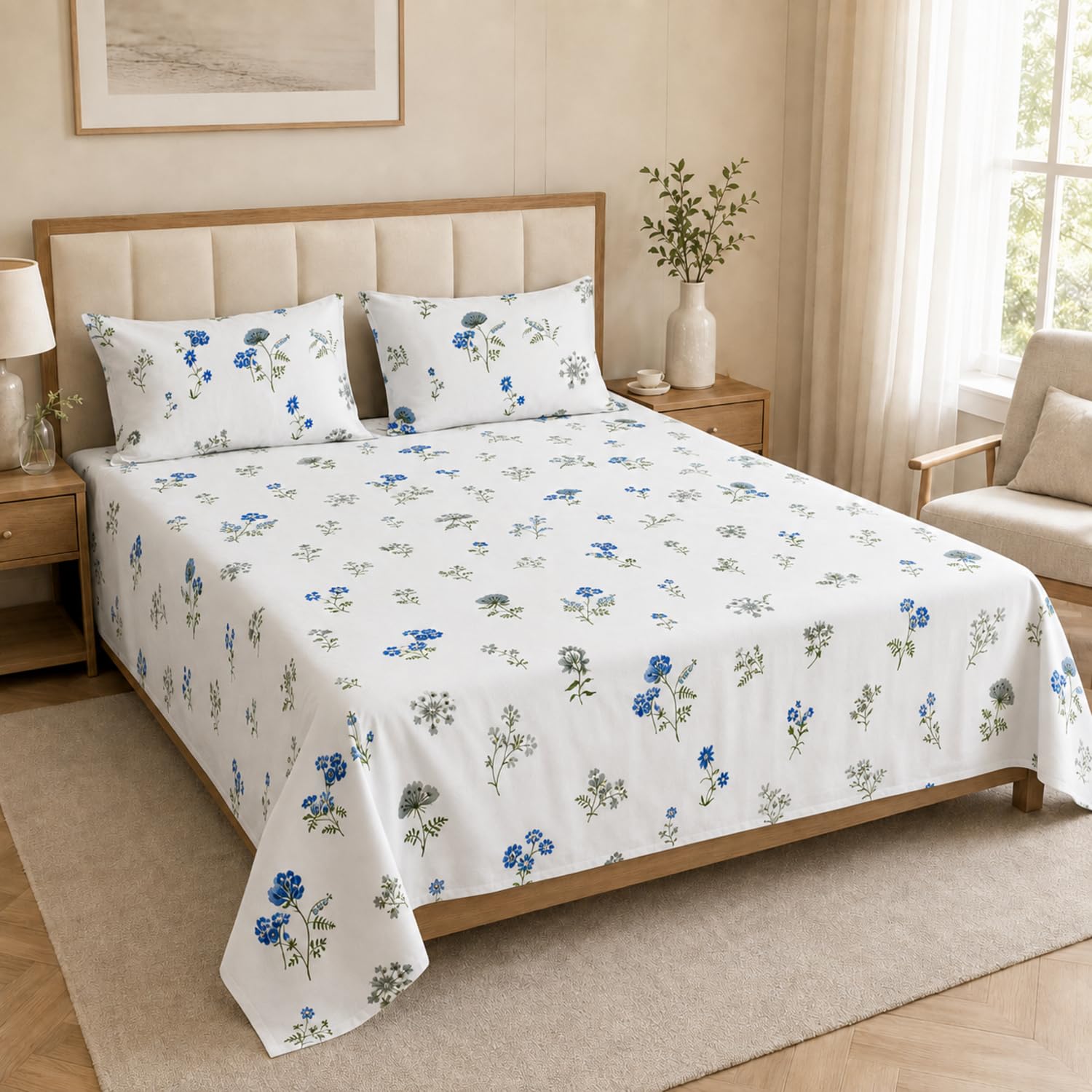 Double Bedsheet with 2 Pillow Covers 220 TC 100% Cotton Feel King Size ( White 90x100 inch )