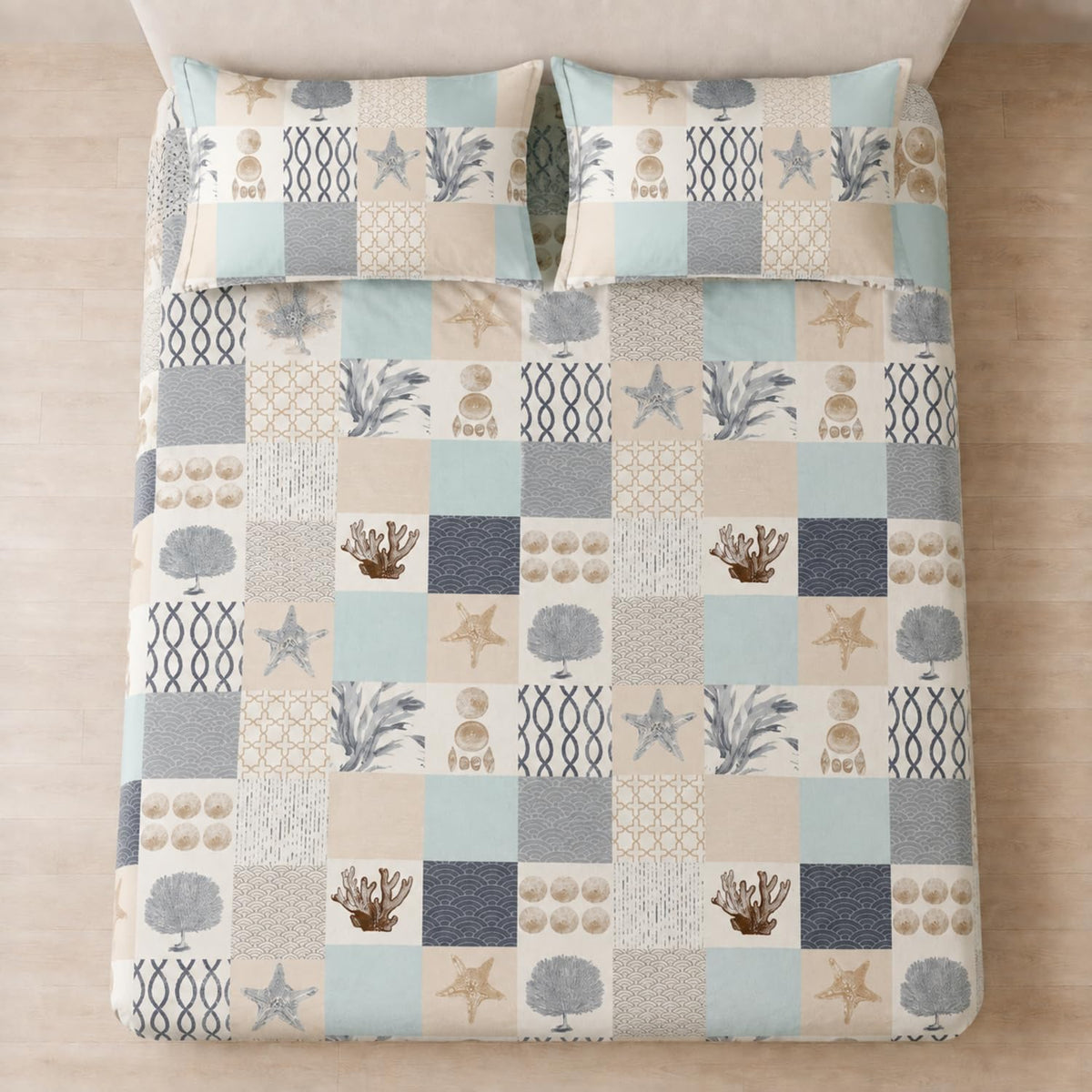 King Size Double Bedsheet with 2 Pillow Covers Premium Coastal Patchwork Printed  90x100inch