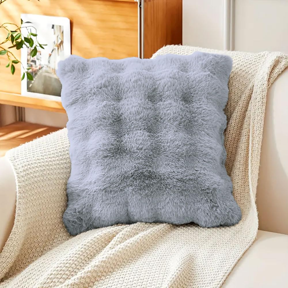 Rabbit Fur Bubble Cushion Cover (16x16 Inch Silver )