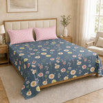 Double Bedsheet with 2 Pillow Covers 220 TC 100% Cotton Feel (King Size Navy 90x100 inch )