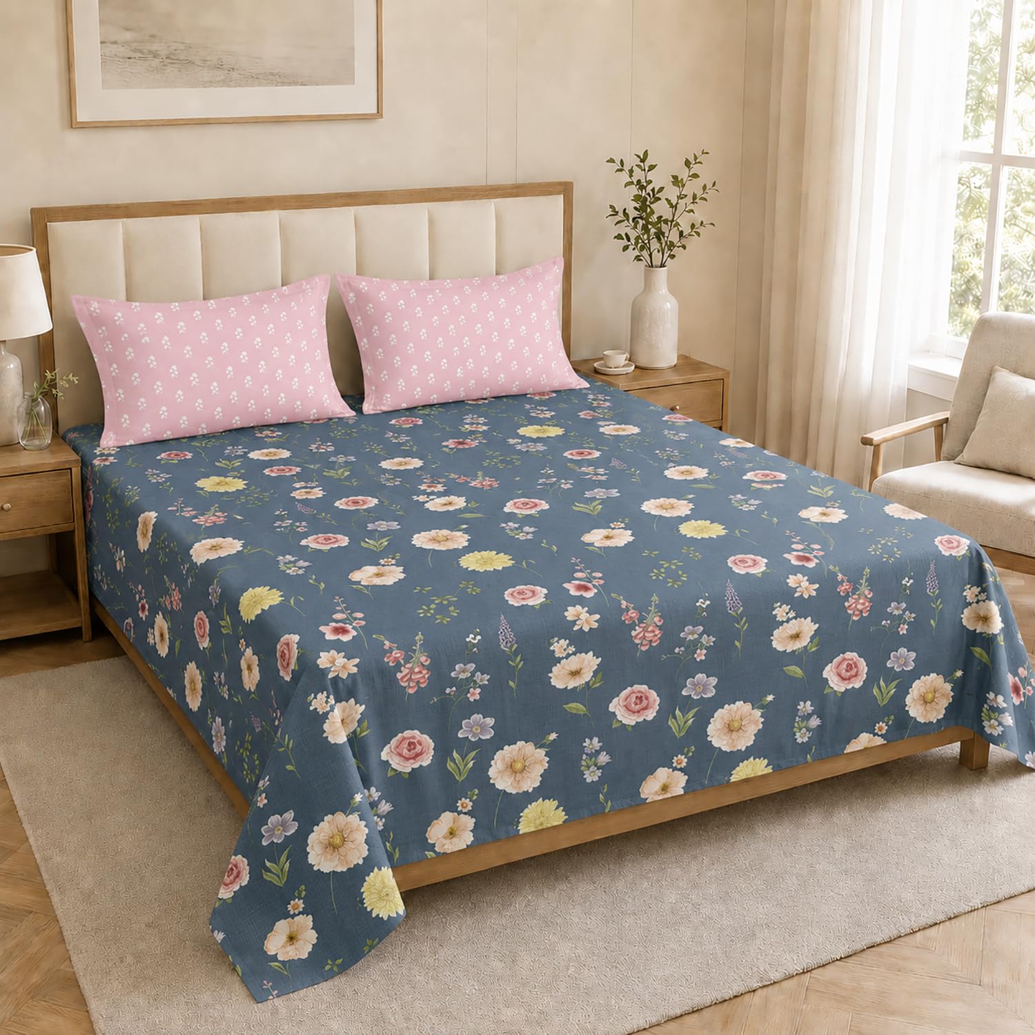 Double Bedsheet with 2 Pillow Covers 220 TC 100% Cotton Feel (King Size Navy 90x100 inch )