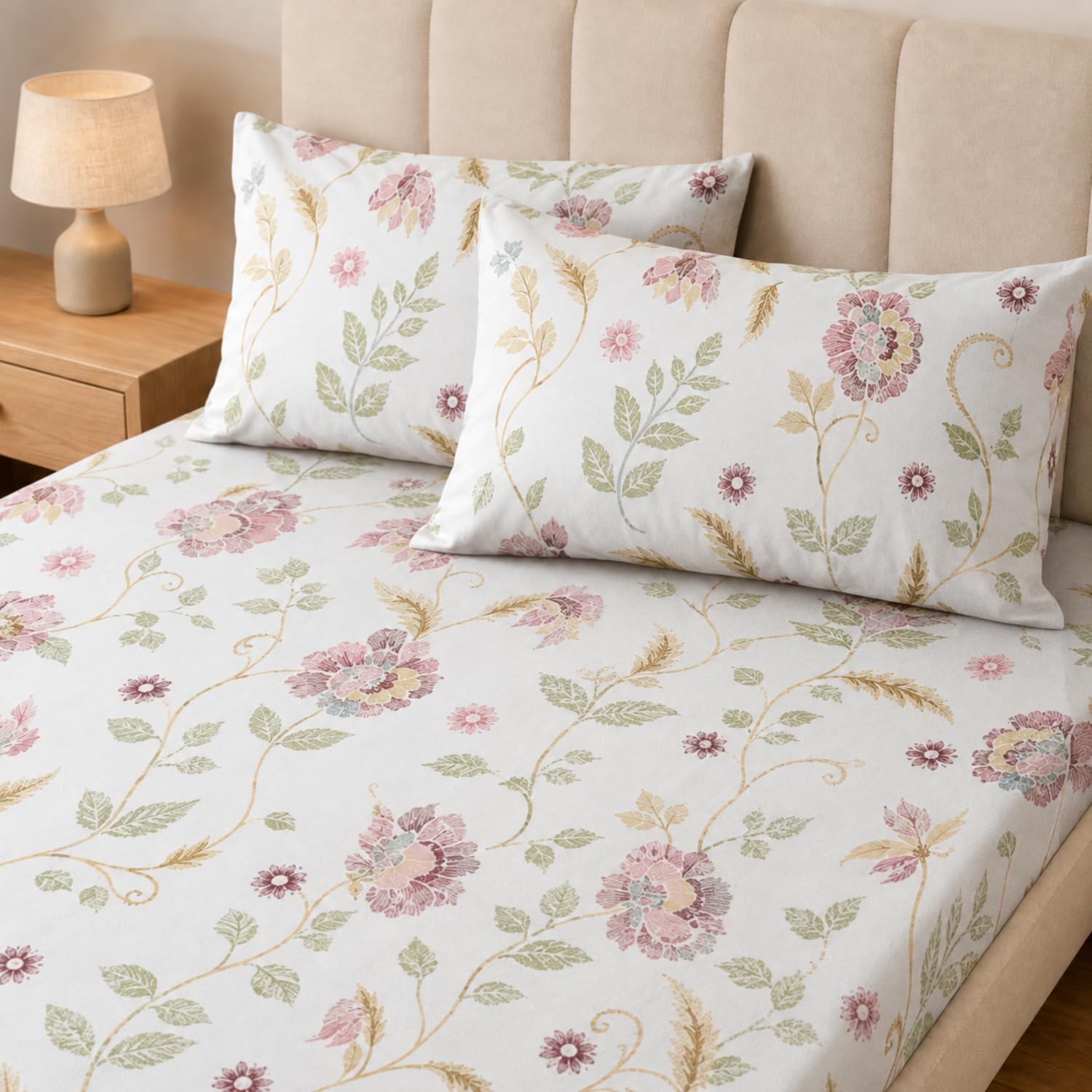 King Size Double Bedsheet with 2 Pillow Covers Premium Blush Meadow Bloom Printed  90x100inch