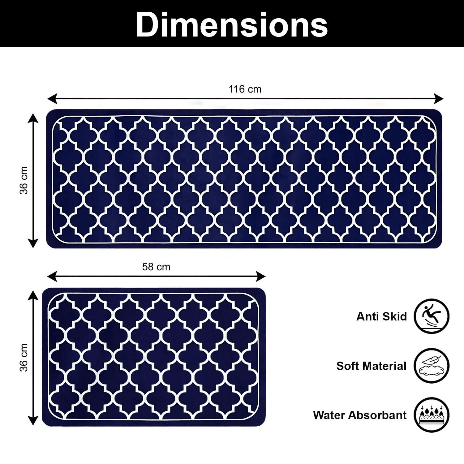 Kitchen Mat Combo Quatrefoil Design (116x36 & 58x36 cm Blue)