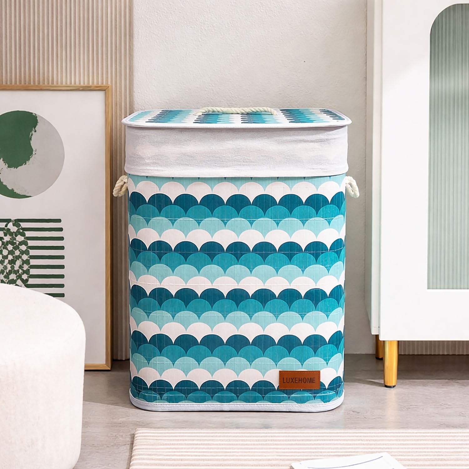 Rectangle Bamboo Laundry Basket (Blue, 40x30x50 cm)