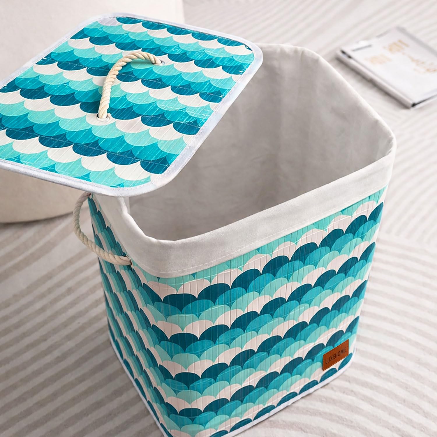 Rectangle Bamboo Laundry Basket (Blue, 40x30x50 cm)