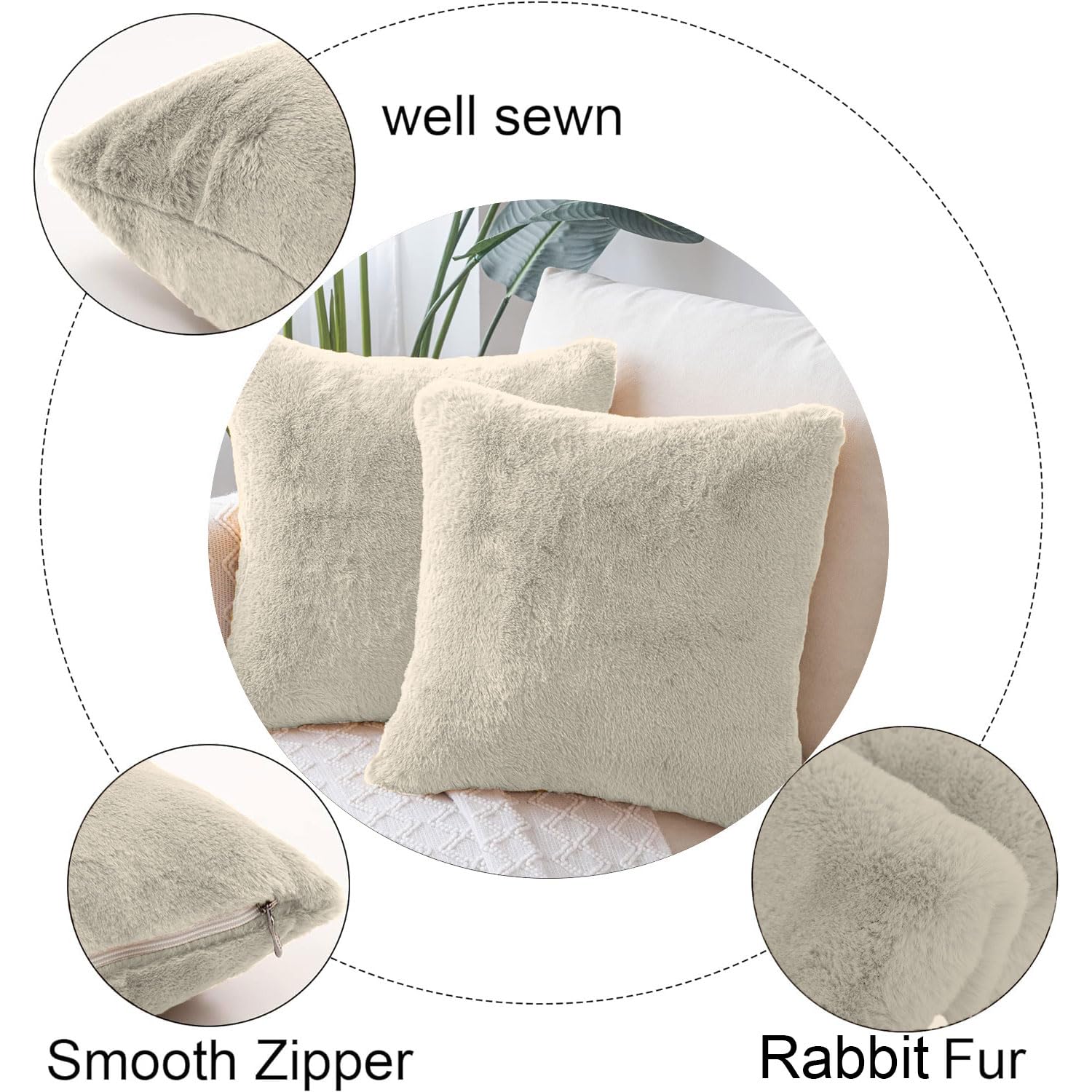 Cushion Cover Duble Side Rabbit Fur Set of 2(16 x 16 inch , Beige)