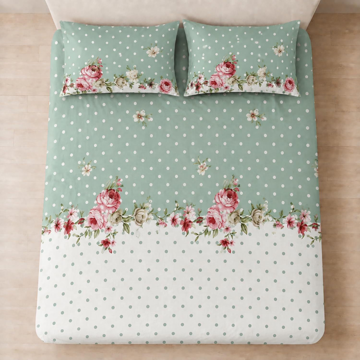 Double Bedsheet with 2 Pillow Covers 220 TC 100% Cotton Feel ( Sage , 90x100inch )