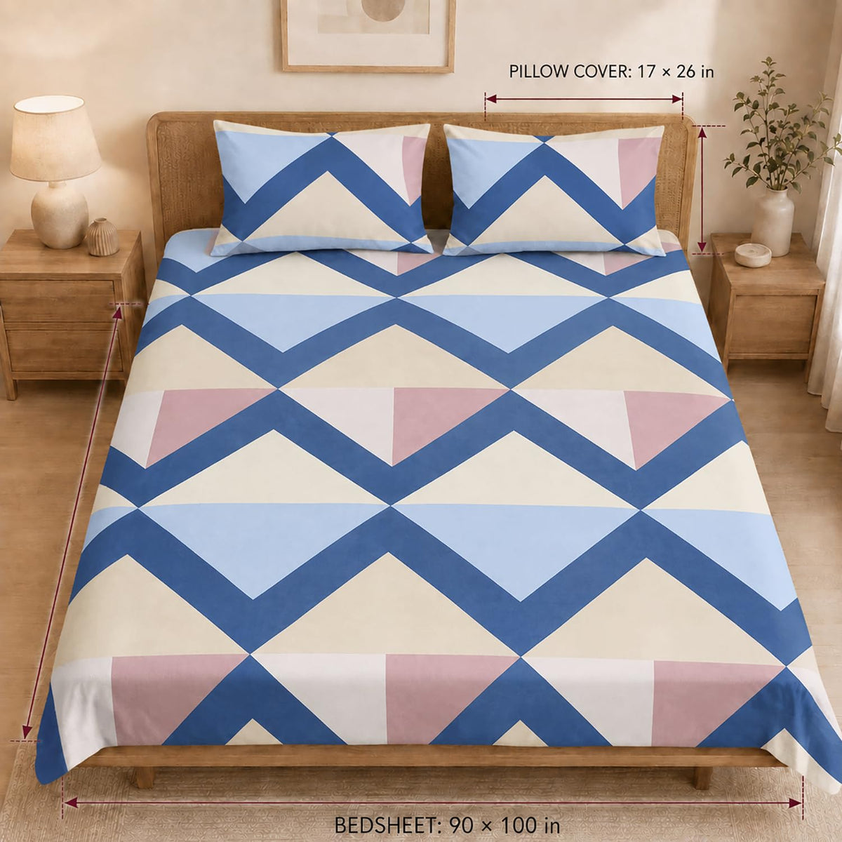 Double Bedsheet with 2 Pillow Covers 220 TC 100% Cotton Feel ( King Size Blue & Beige 90x100 inch )