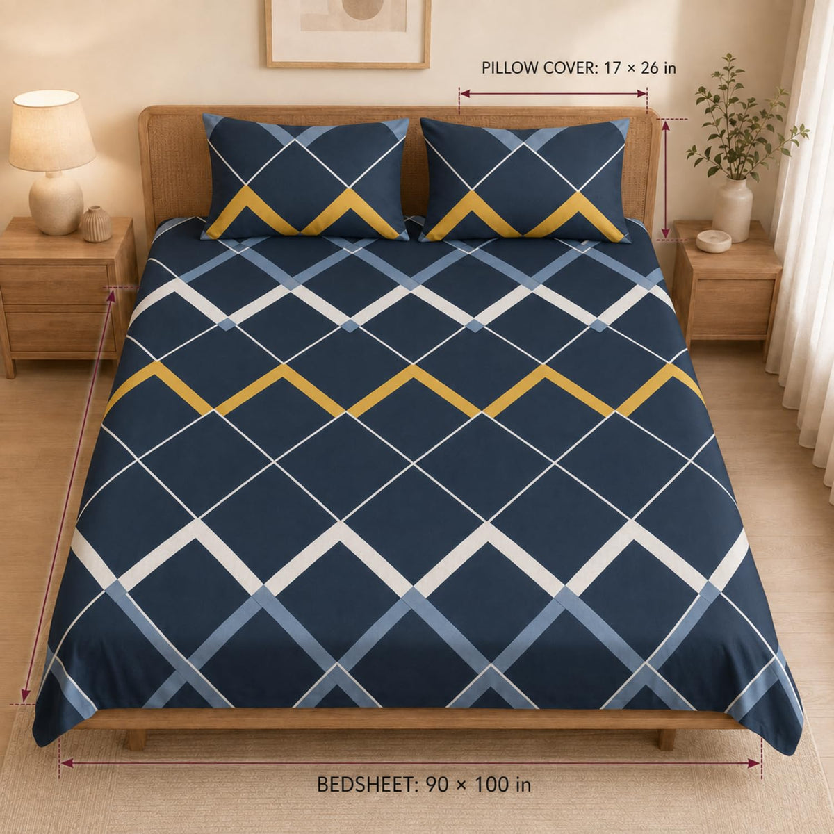 Double Bedsheet with 2 Pillow Covers 220 TC 100% Cotton Feel ( King Size Navy Blue 90x100inch )