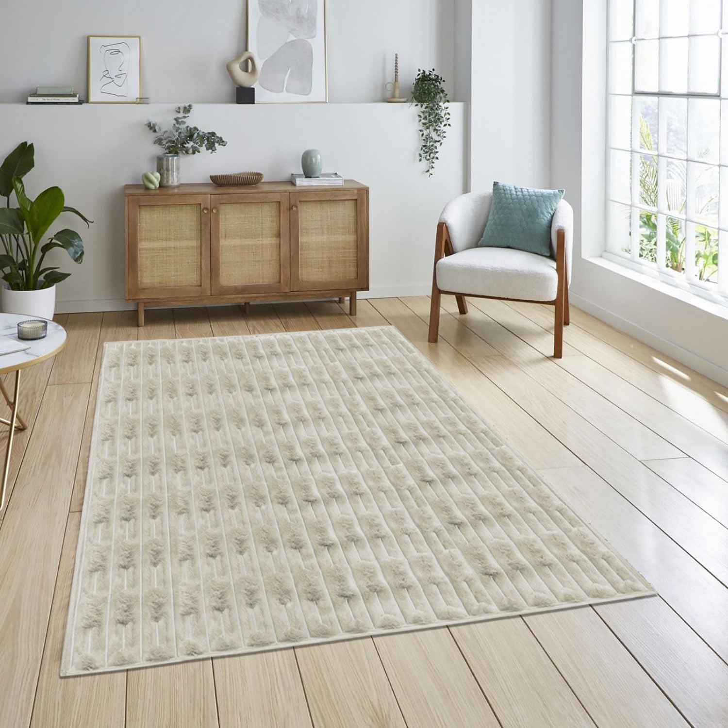 Rabbit Tail Fur Carpet (4x6 Feet, Cream)