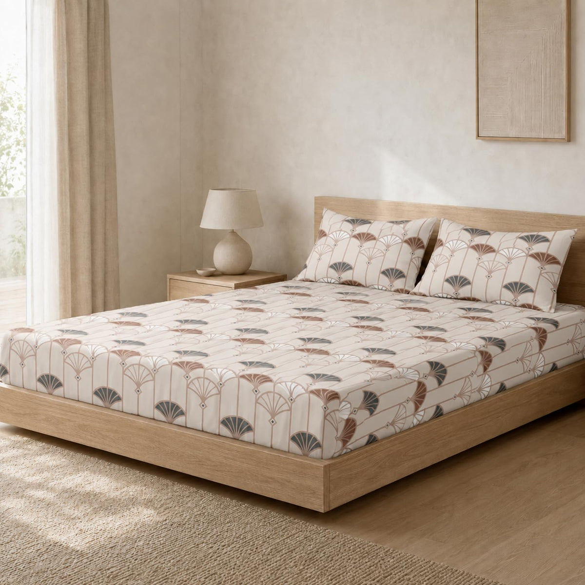 Double Bedsheet with 2 Pillow Covers Premium 240 TC 100% Cotton Feel ( King Size Beige & Brown 108x108 inch )