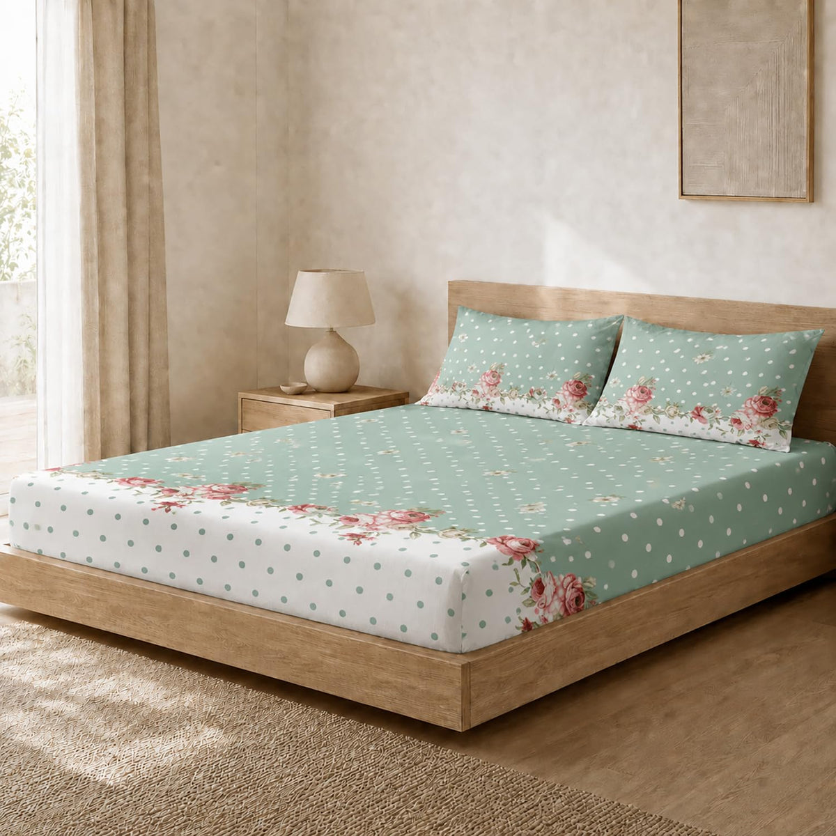 Double Bedsheet with 2 Pillow Covers 220 TC 100% Cotton Feel ( Sage , 90x100inch )