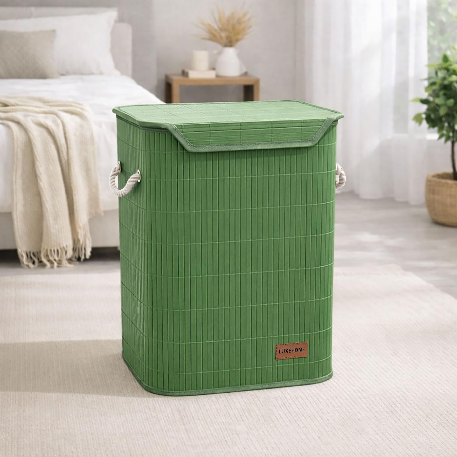Rectangle Bamboo Laundry Basket for Clothes(Green, 40x30x50 cm)