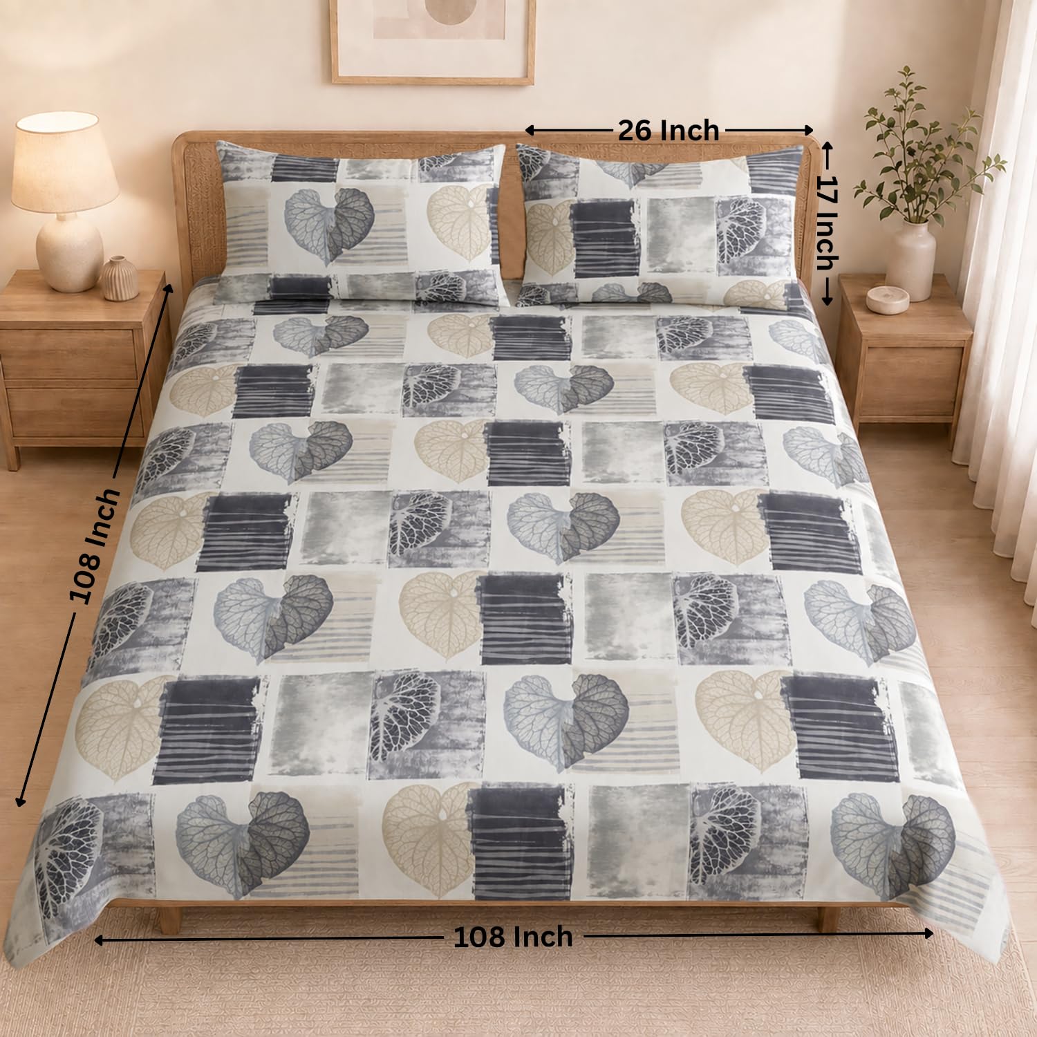 Double Bedsheet with 2 Pillow Covers Premium 240 TC 100% Cotton Feel (108x108 inch ,  Grey )