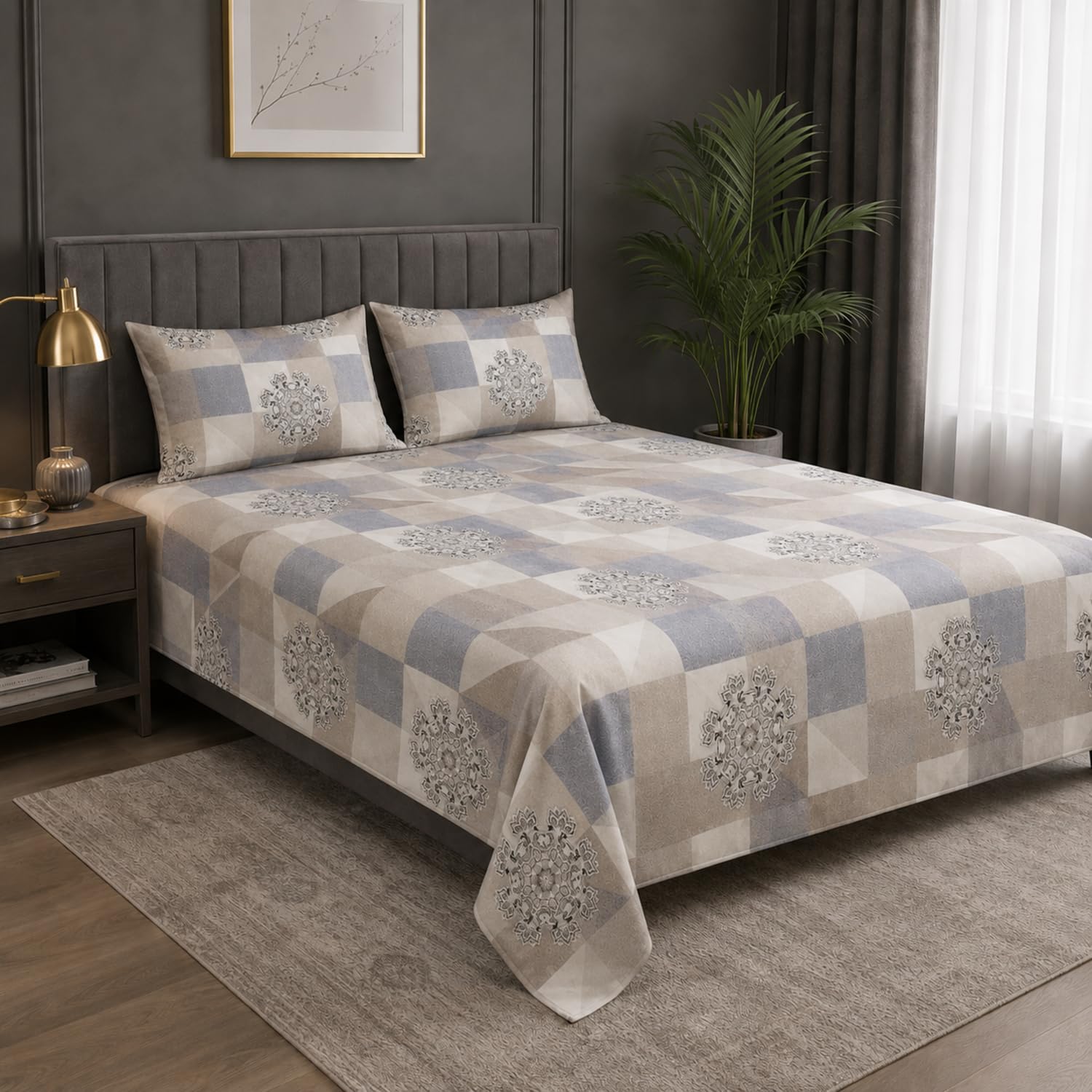 King Size Double Bedsheet with 2 Pillow Covers  Pastel Check Medallion Printed 90x100 inch