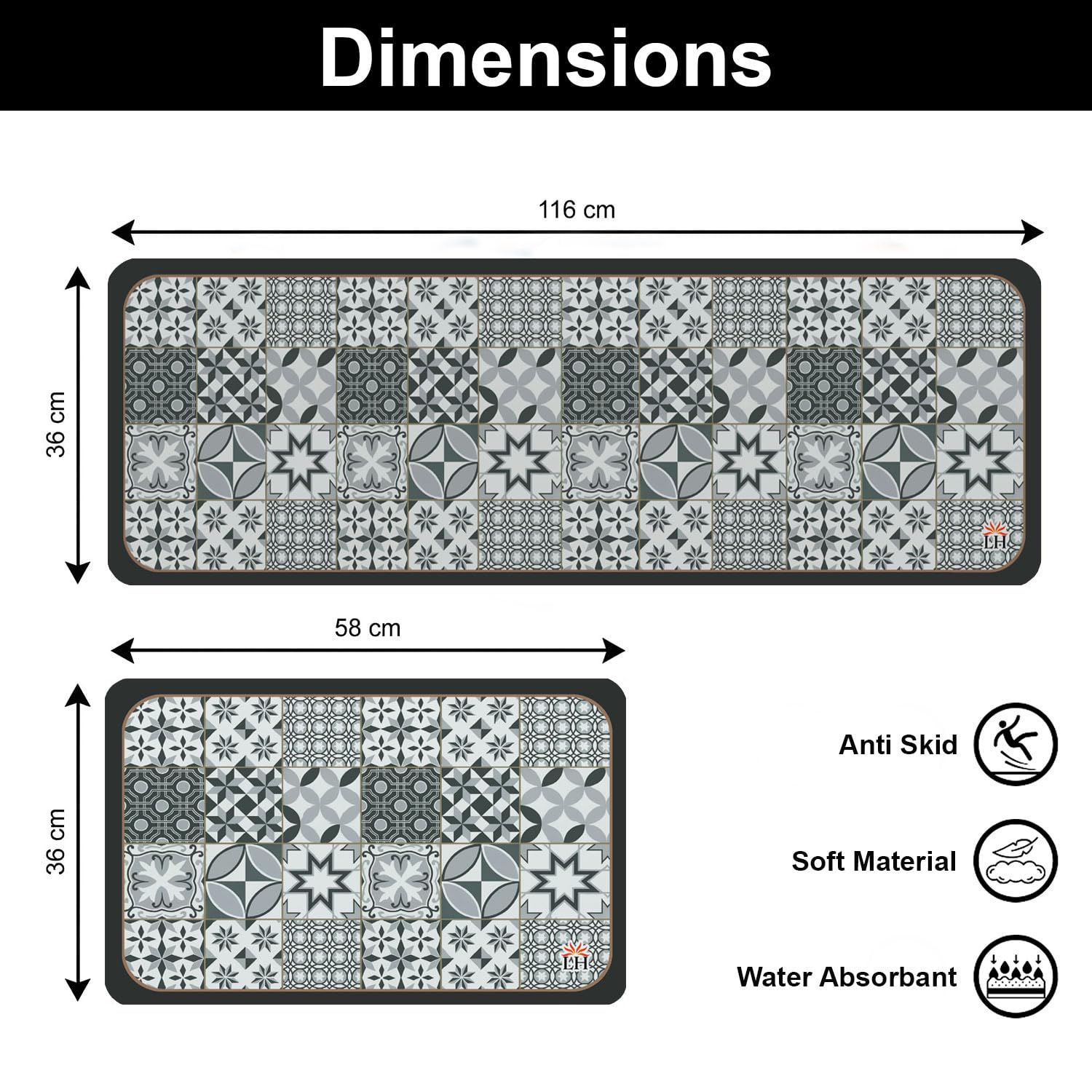 Kitchen Mat Combo  (116x36 & 58x36 cm,Grey)