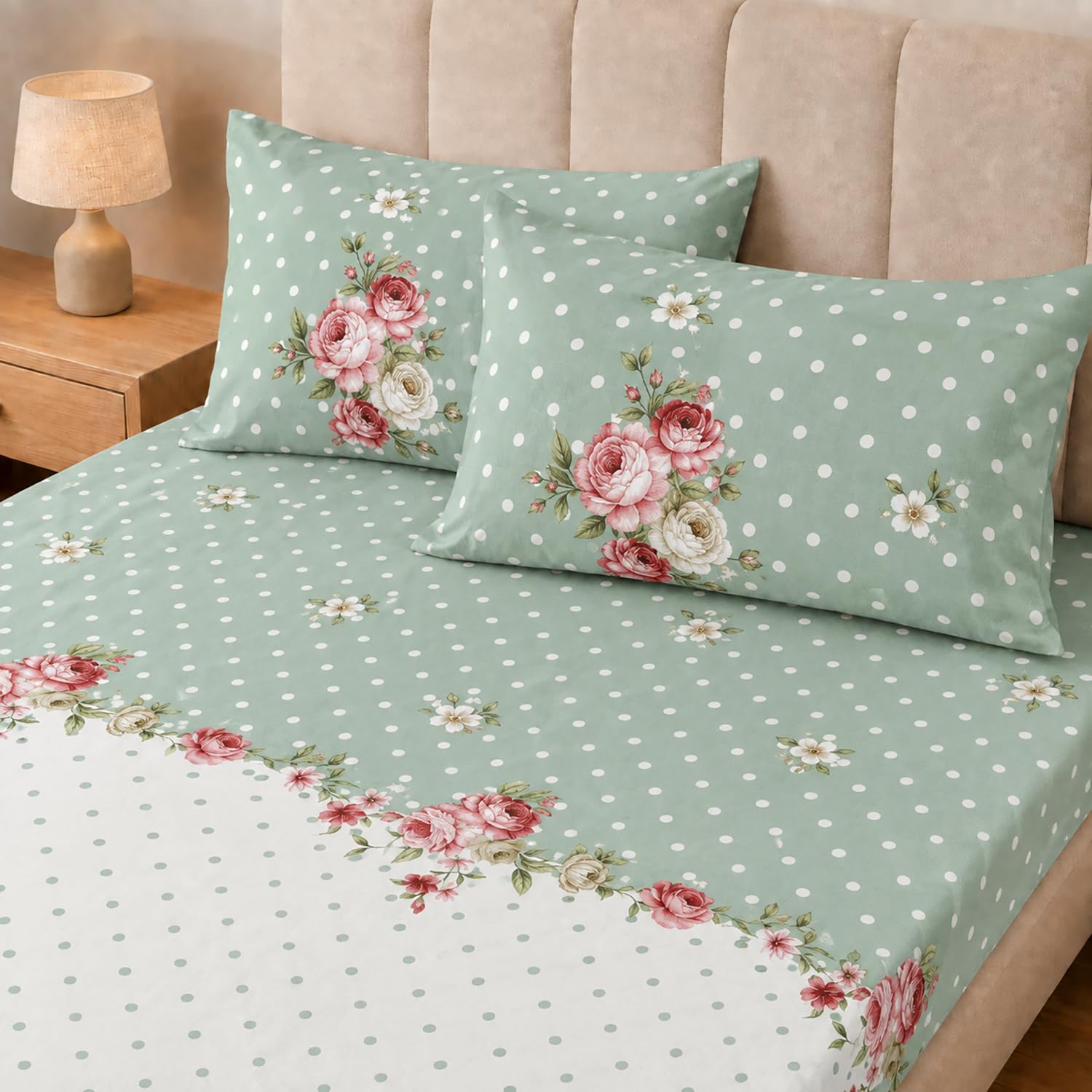 Double Bedsheet with 2 Pillow Covers 220 TC 100% Cotton Feel ( Sage , 90x100inch )