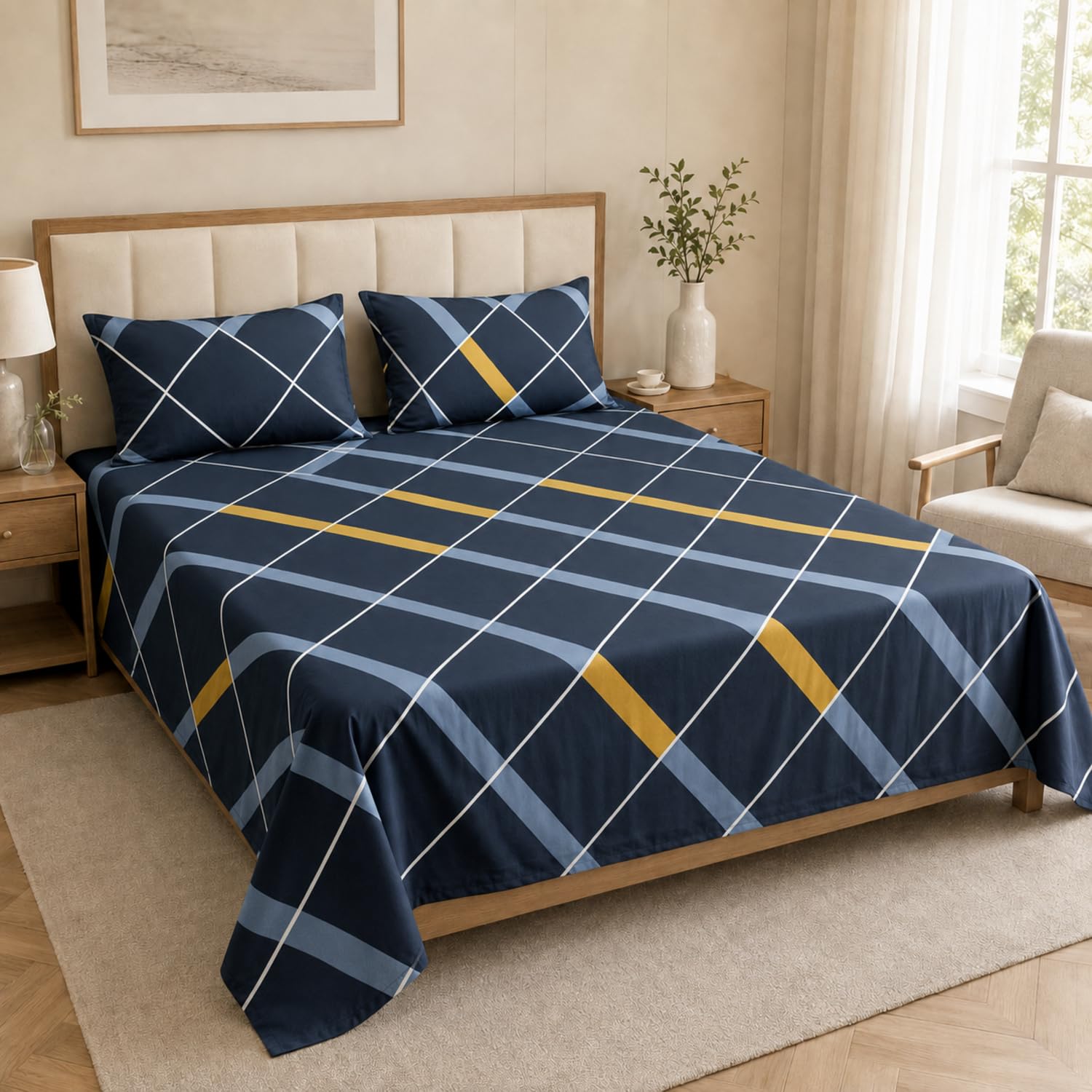 Double Bedsheet with 2 Pillow Covers 220 TC 100% Cotton Feel ( King Size Navy Blue 90x100inch )