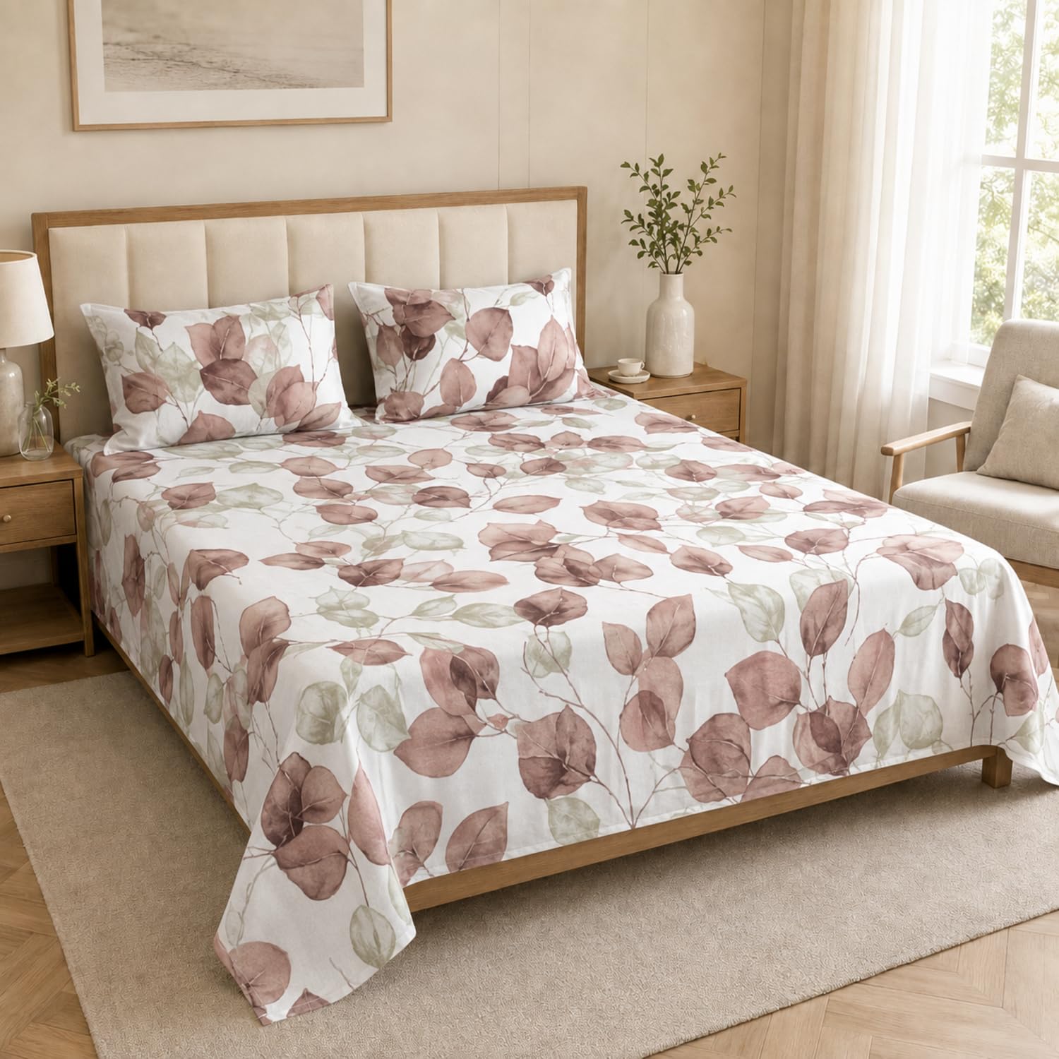 Double Bedsheet with 2 Pillow Covers 220 TC 100% Cotton Feel ( King Size Mauve 90x100inch )