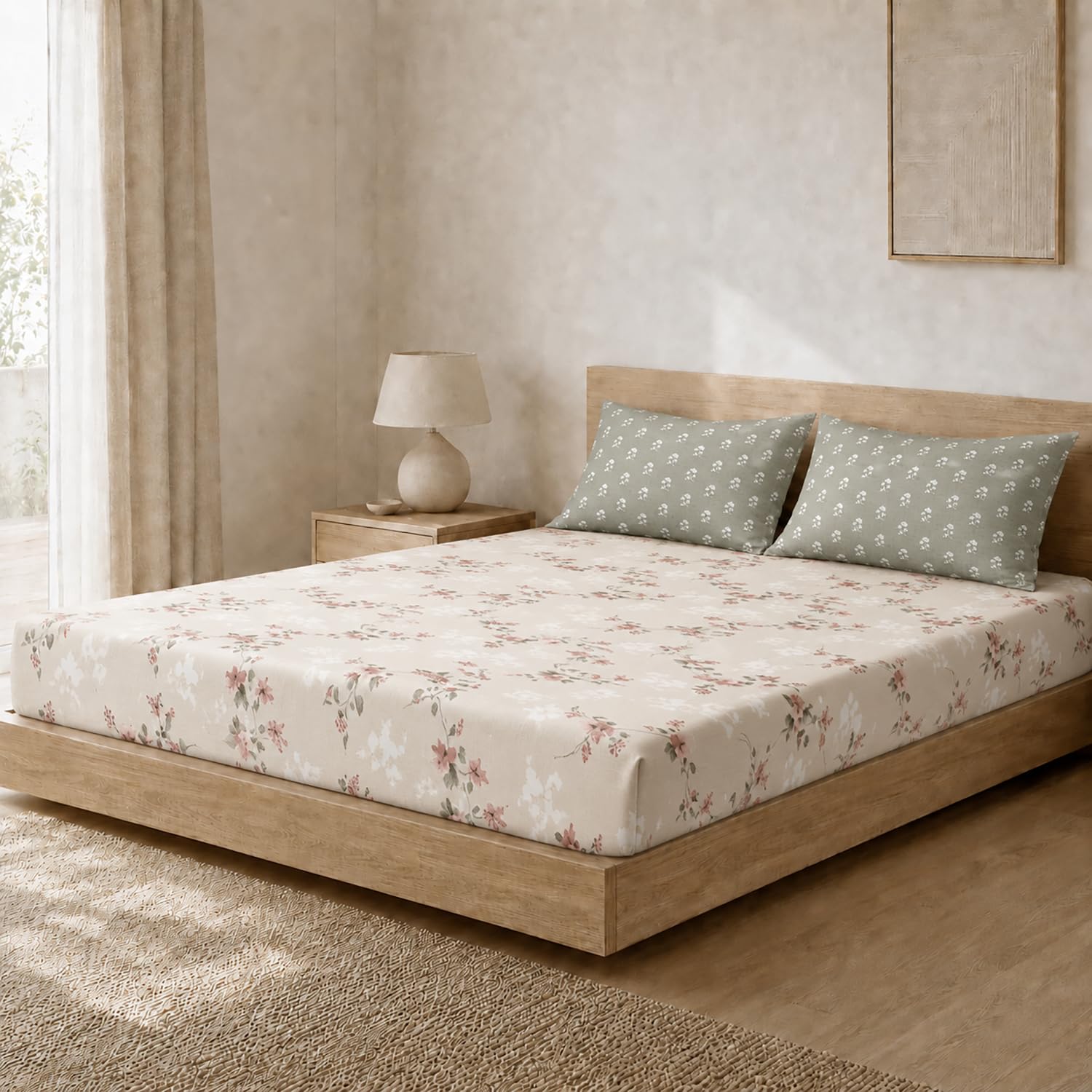 Double Bedsheet with 2 Pillow Covers 220 TC 100% Cotton Feel ( Beige 90x100 inch )