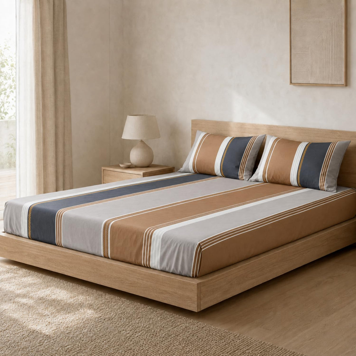 Double Bedsheet with 2 Pillow Covers 220 TC 100% Cotton Feel ( King Size Taupe 90x100inch )