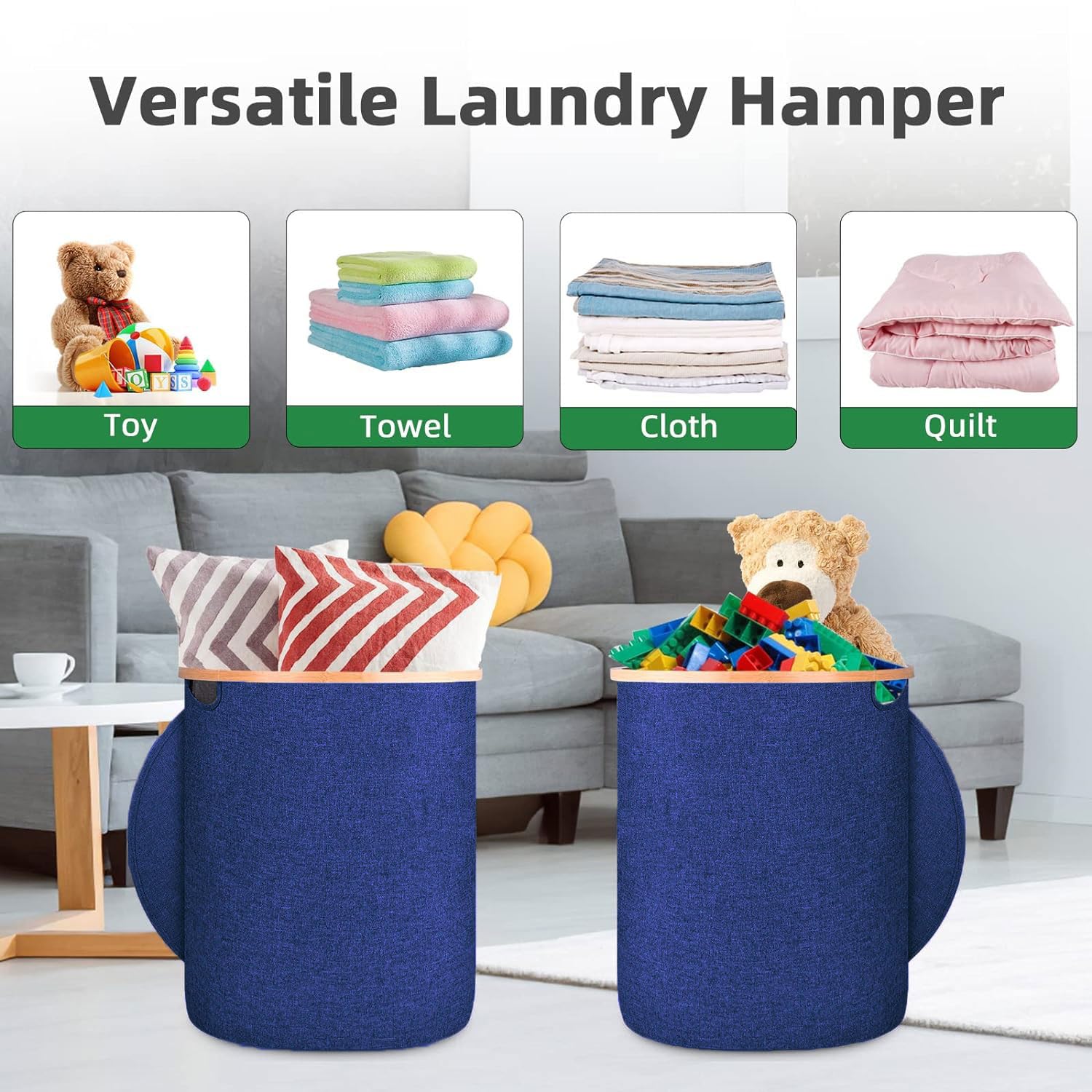 Large Round Fabric Storage Basket with Bamboo Handles (45L x 45W x 50H cm ,Blue )