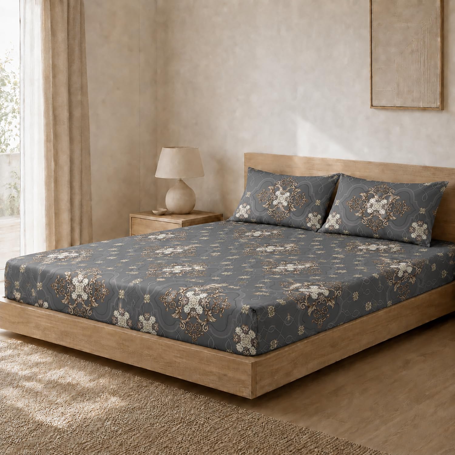 Double Bedsheet with 2 Pillow Covers 220 TC 100% Cotton Feel ( Charcoal , 90x100inch )