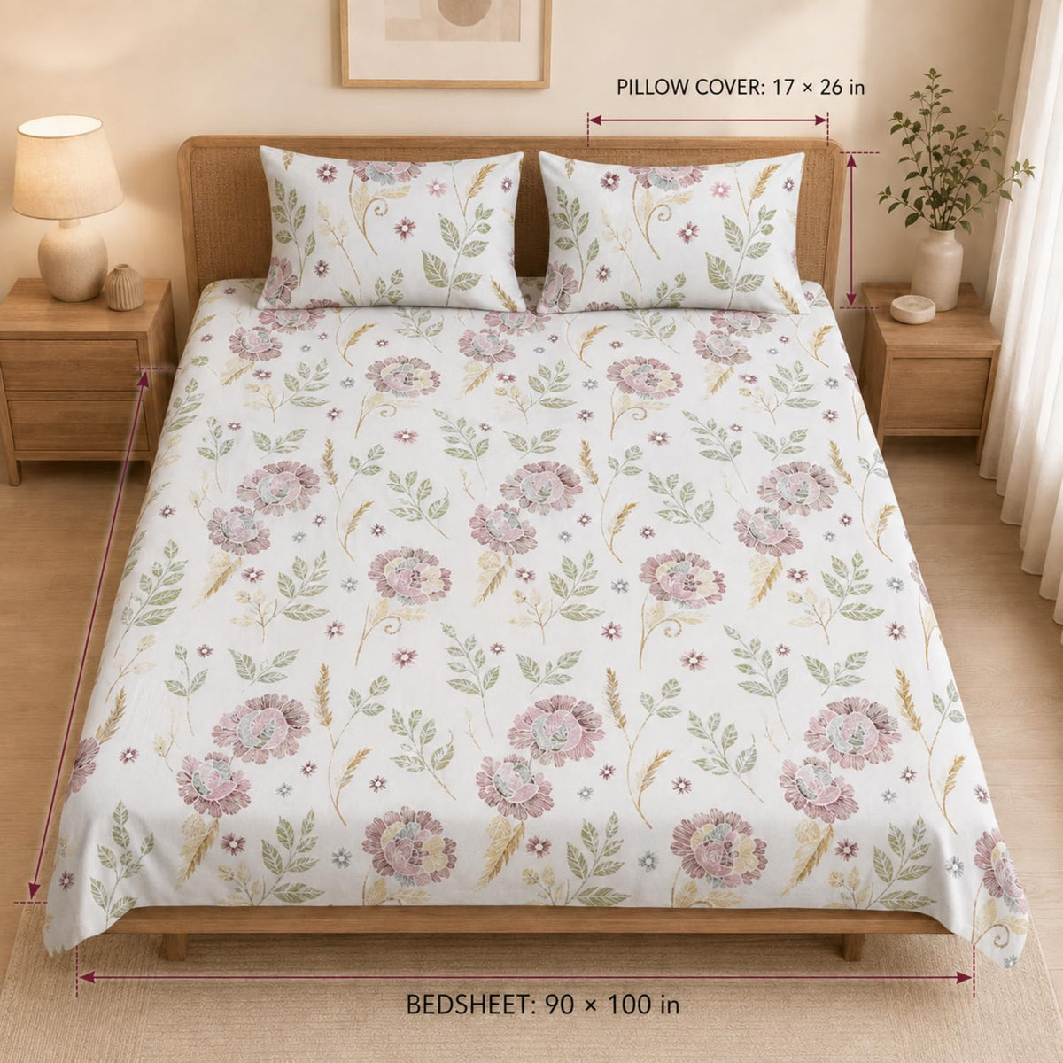 Double Bedsheet with 2 Pillow Covers 220 TC 100% Cotton Feel ( King Size Blush 90x100inch )