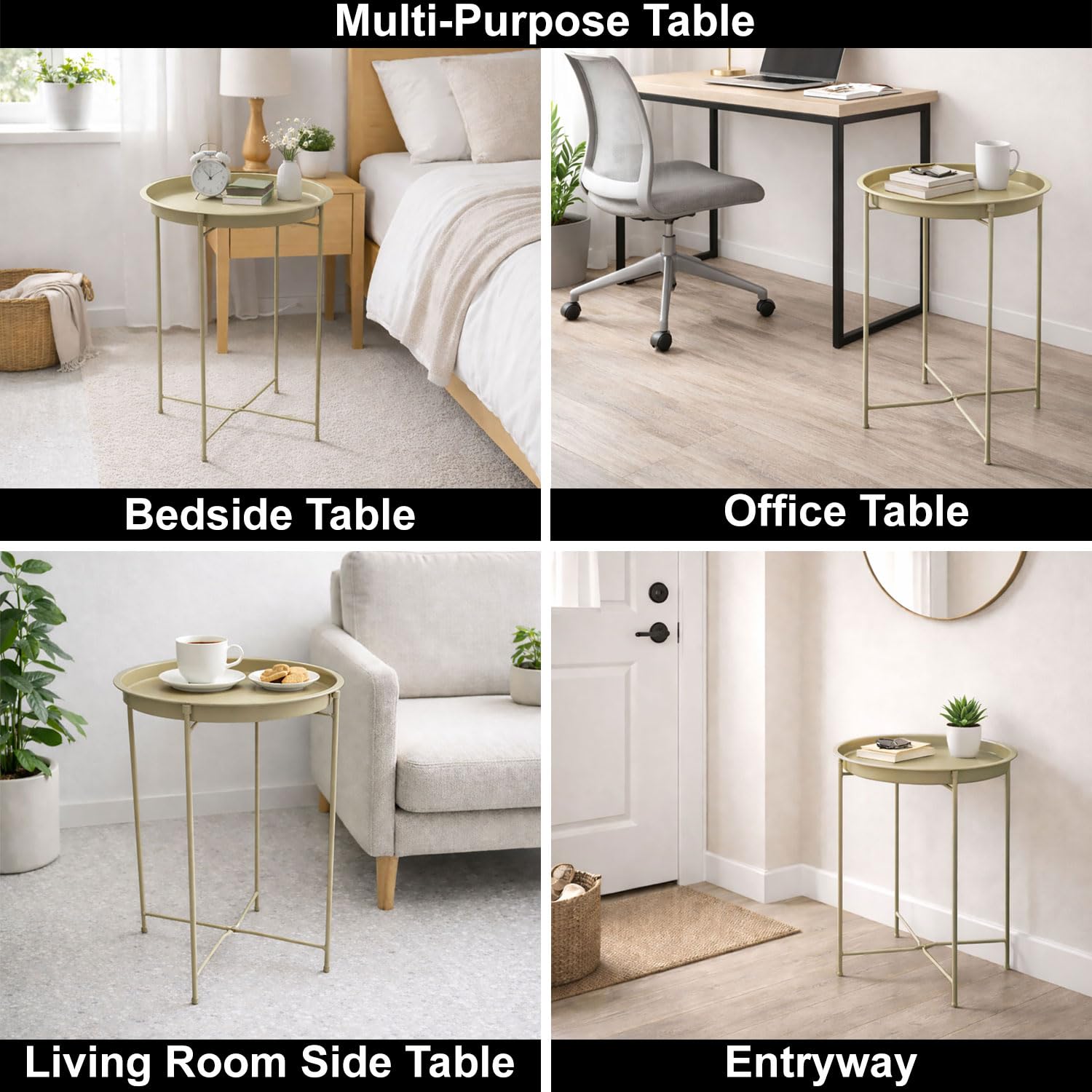 Round Metal Side Table for Living Room & Bedroom – Modern Bedside Table, Coffee Table, Corner Table with Sturdy Iron Frame, Taupe, 33x33x48-Small