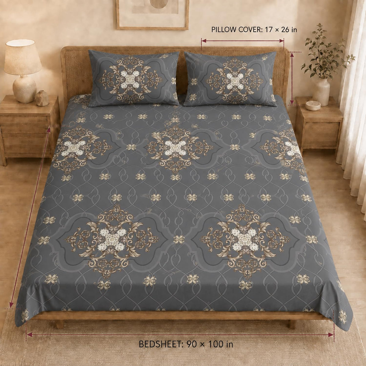 Double Bedsheet with 2 Pillow Covers 220 TC 100% Cotton Feel ( Charcoal , 90x100inch )