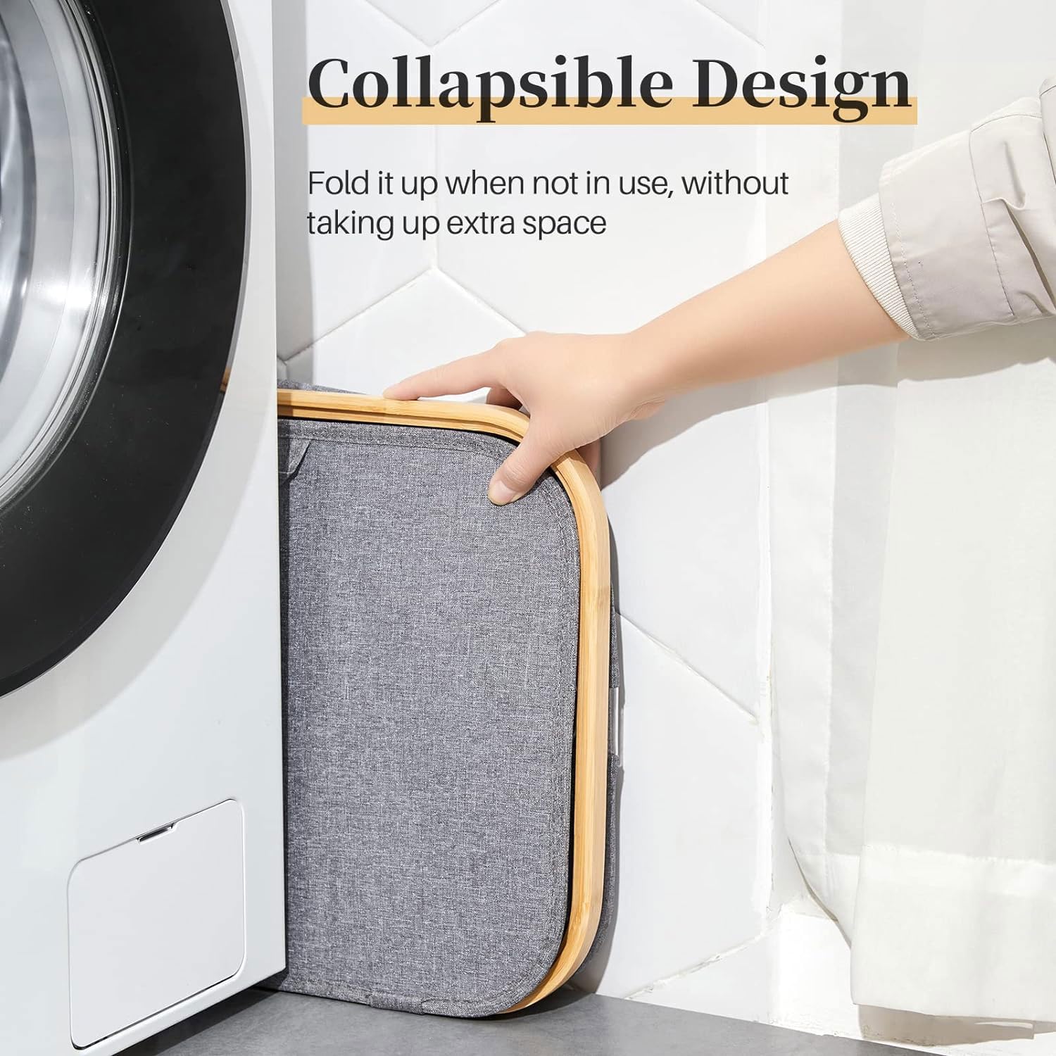 Tall Laundry Hamper with Bamboo Frame  (40L x 30W x 60H cm ,Grey)