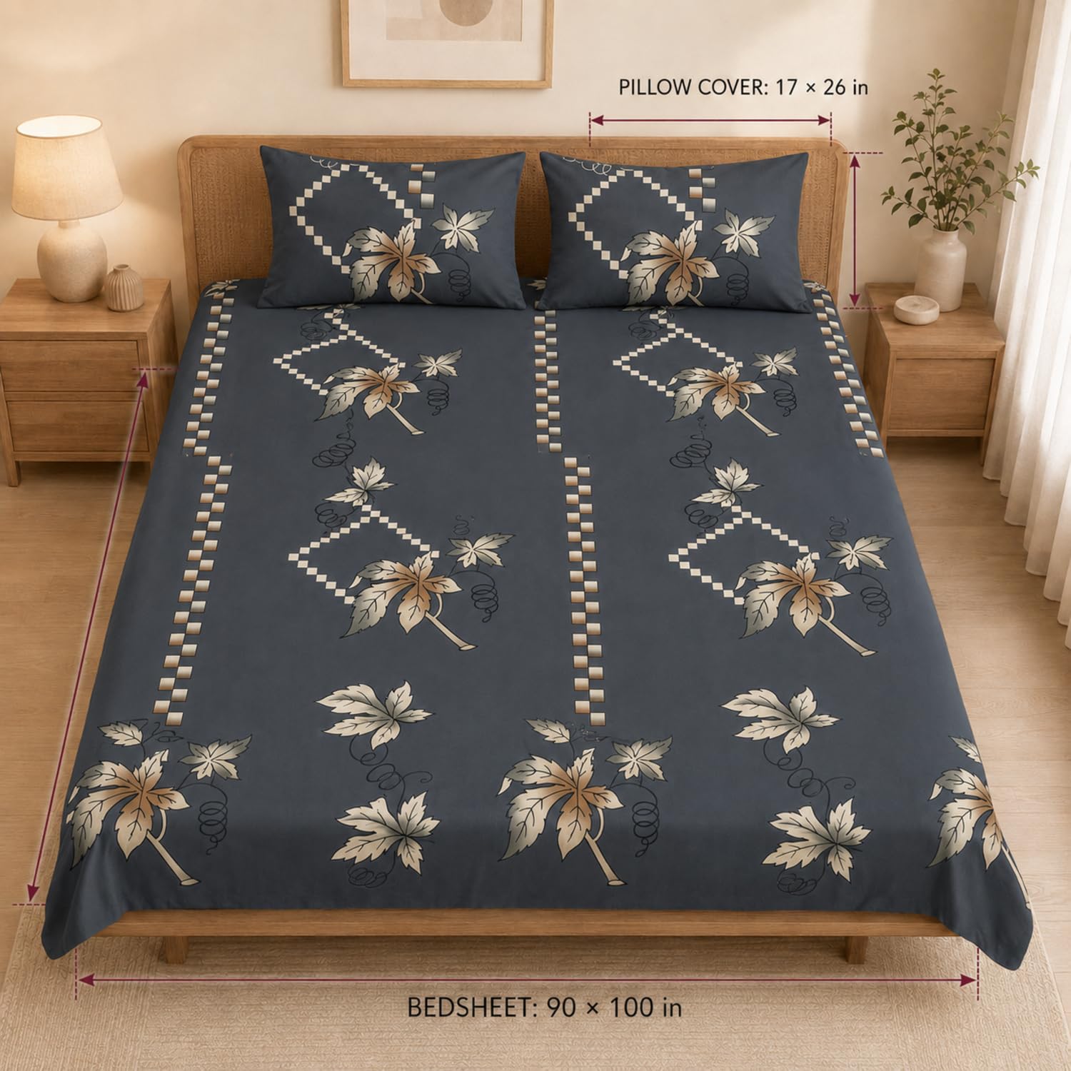 Double Bedsheet with 2 Pillow Covers 220 TC 100% Cotton Feel ( King Size Charcoal 90x100inch )